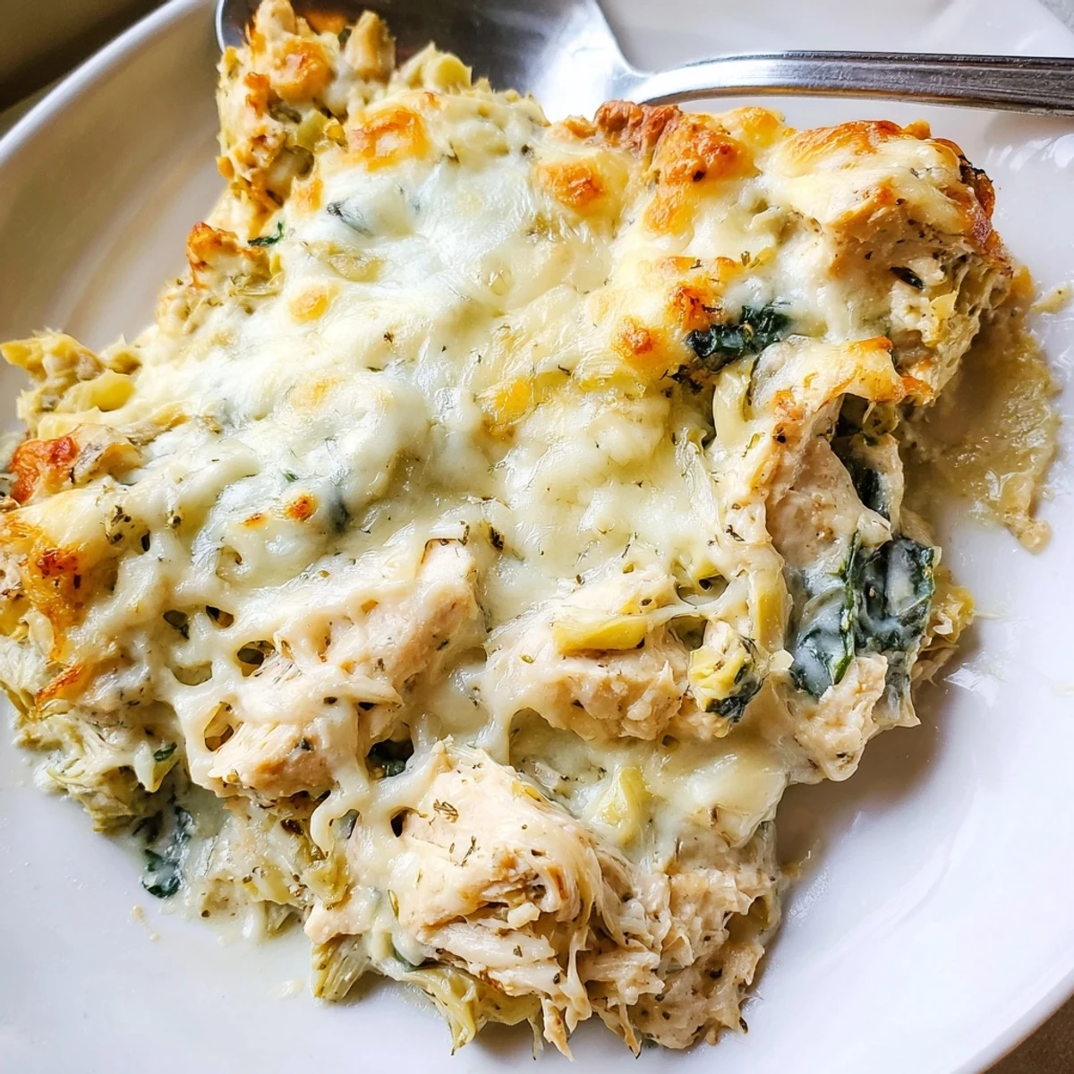 Golden baked spinach artichoke chicken casserole with melted mozzarella topping a ceramic baking dish