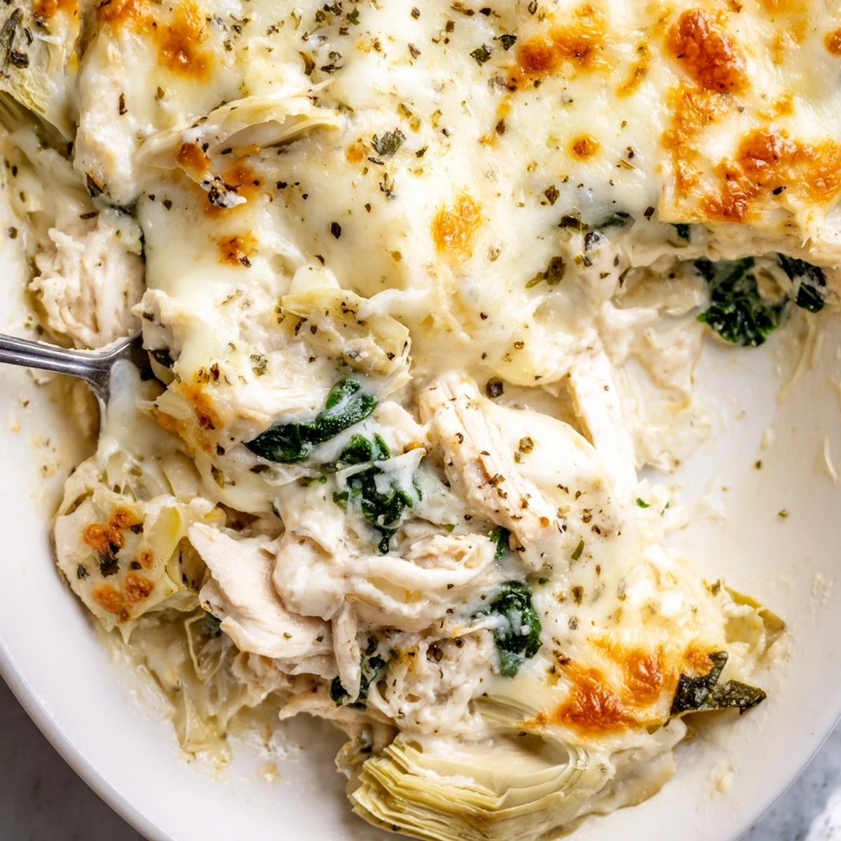 Family-style spinach artichoke chicken casserole fresh from the oven with golden brown cheesy crust