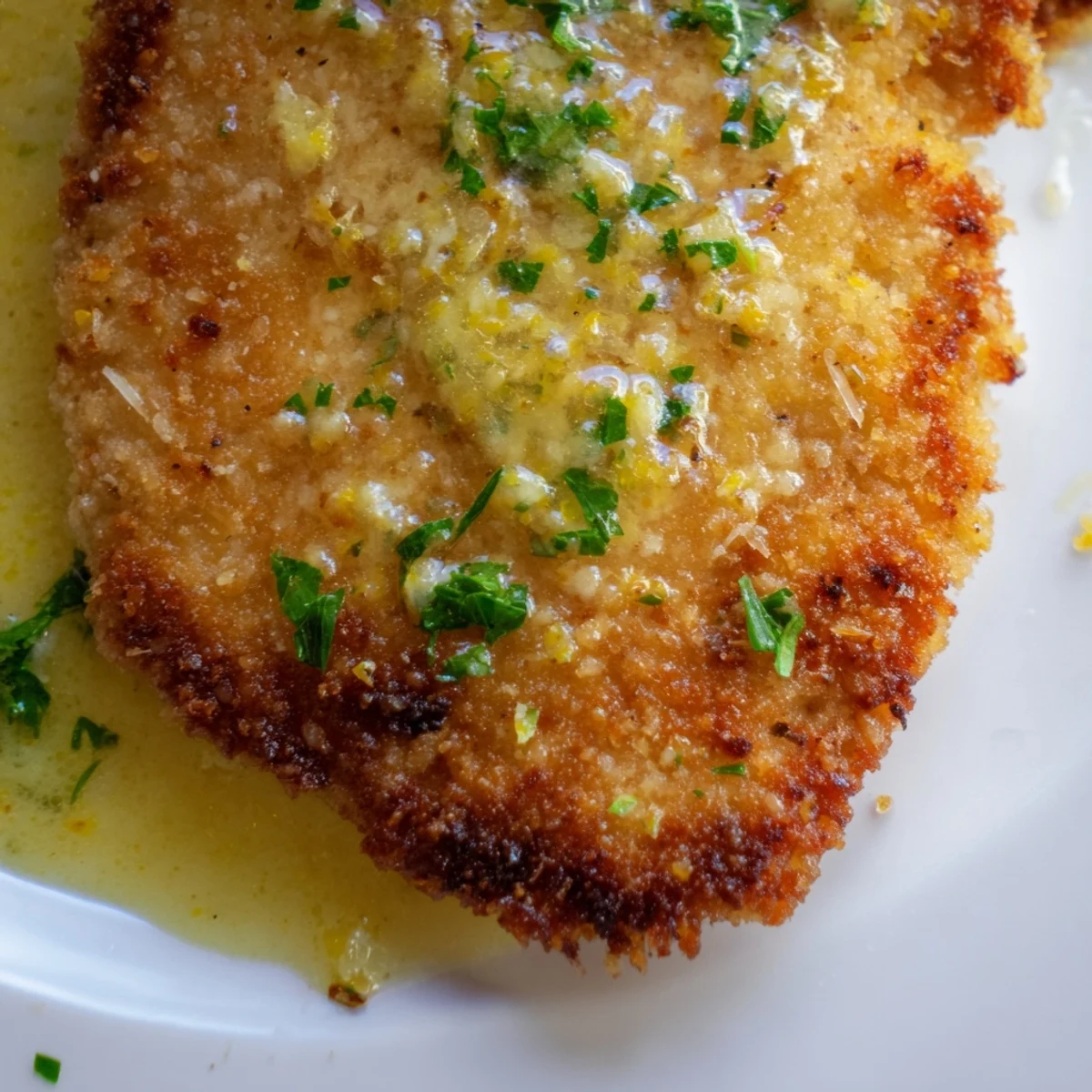 Golden brown Lemon Chicken Romano cutlets drizzled with light garlic lemon sauce and fresh parsley garnish