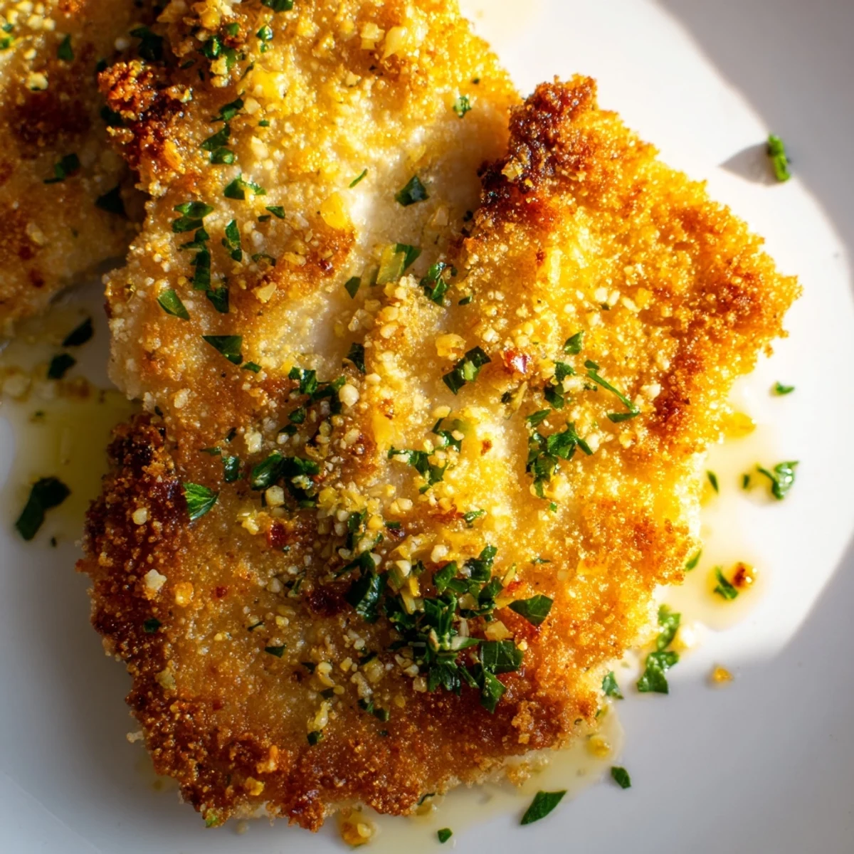 Crispy Romano crusted chicken breast served over white plate with tangy lemon butter sauce and herbs