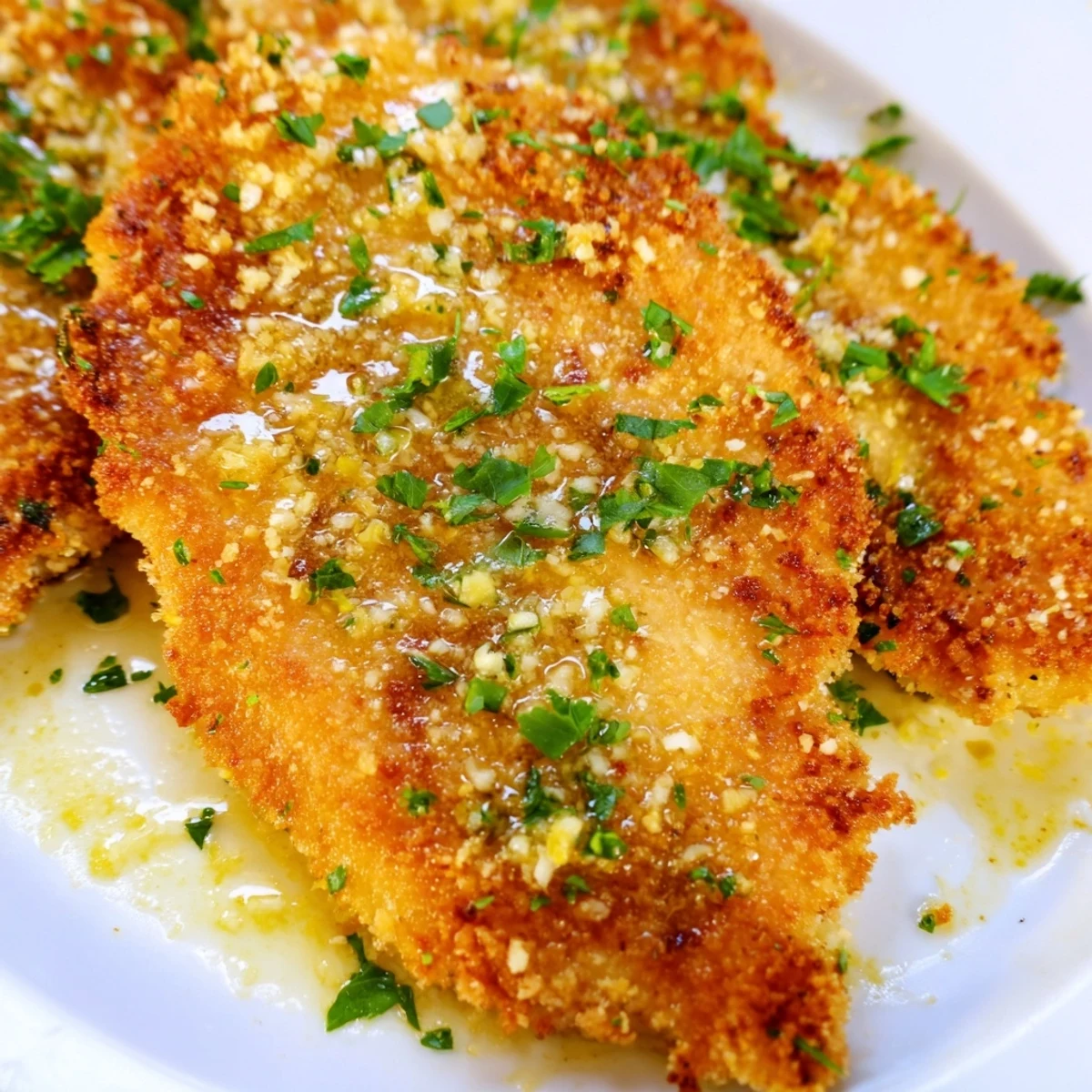Perfectly cooked Lemon Chicken Romano with golden breadcrumb coating, glossy sauce, and vibrant green parsley topping