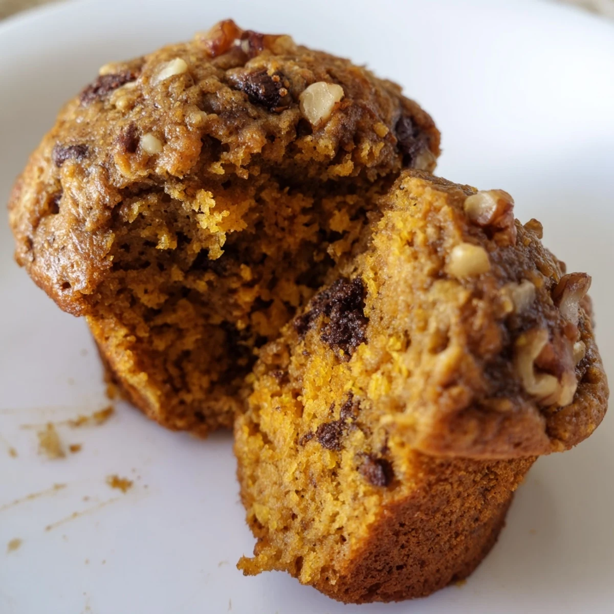 Golden brown butternut squash banana muffins topped with chopped walnuts on a wooden board