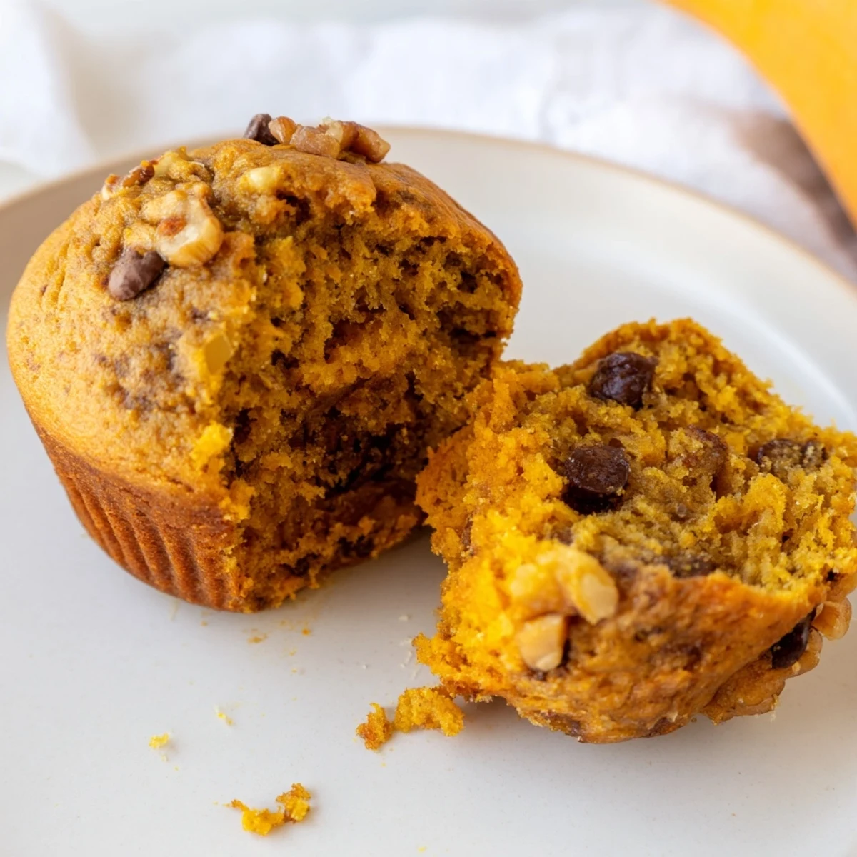 Warm butternut squash banana muffins split open revealing tender crumb on a white plate