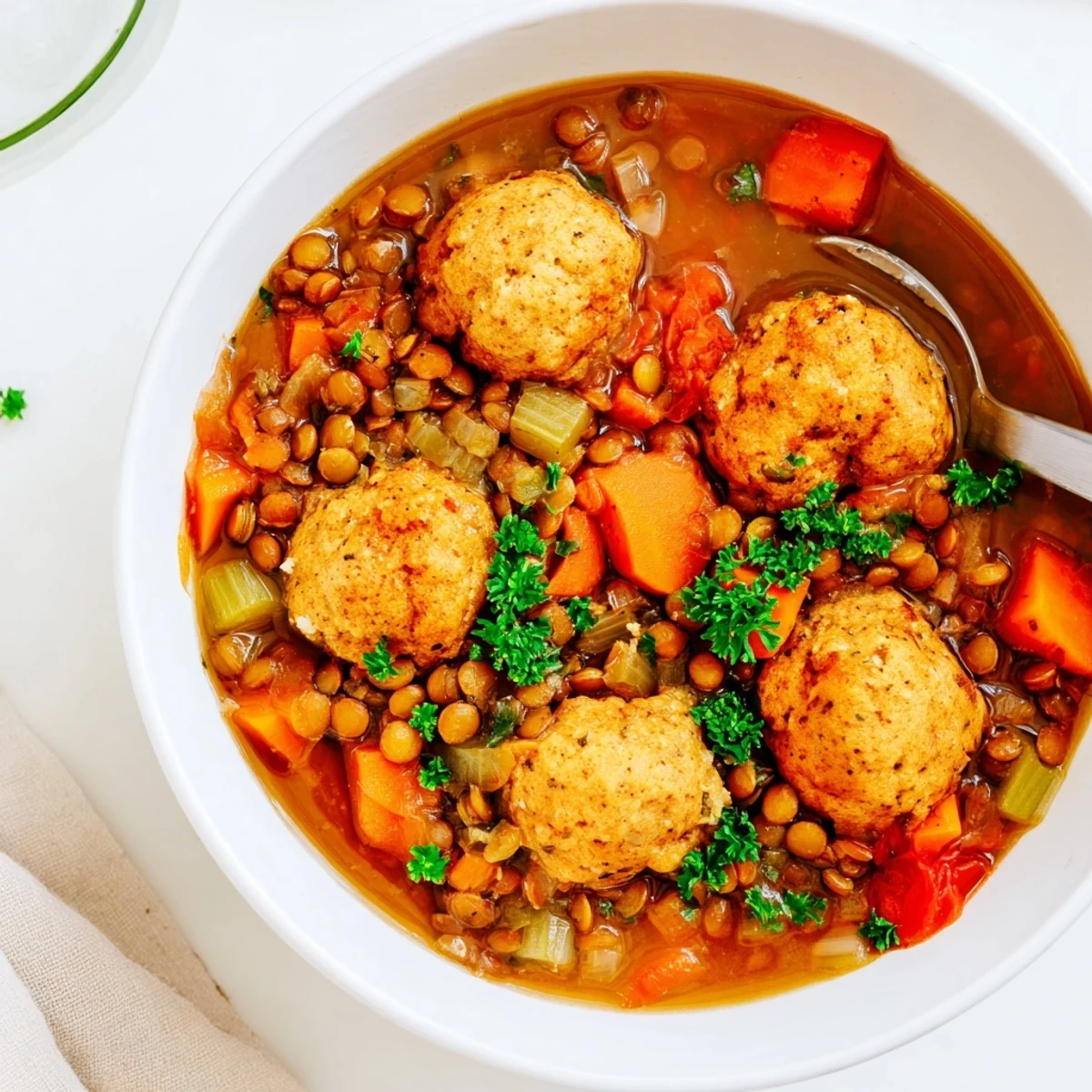 Golden fluffy dumplings steaming atop a rich brown lentil vegetable stew in a rustic bowl