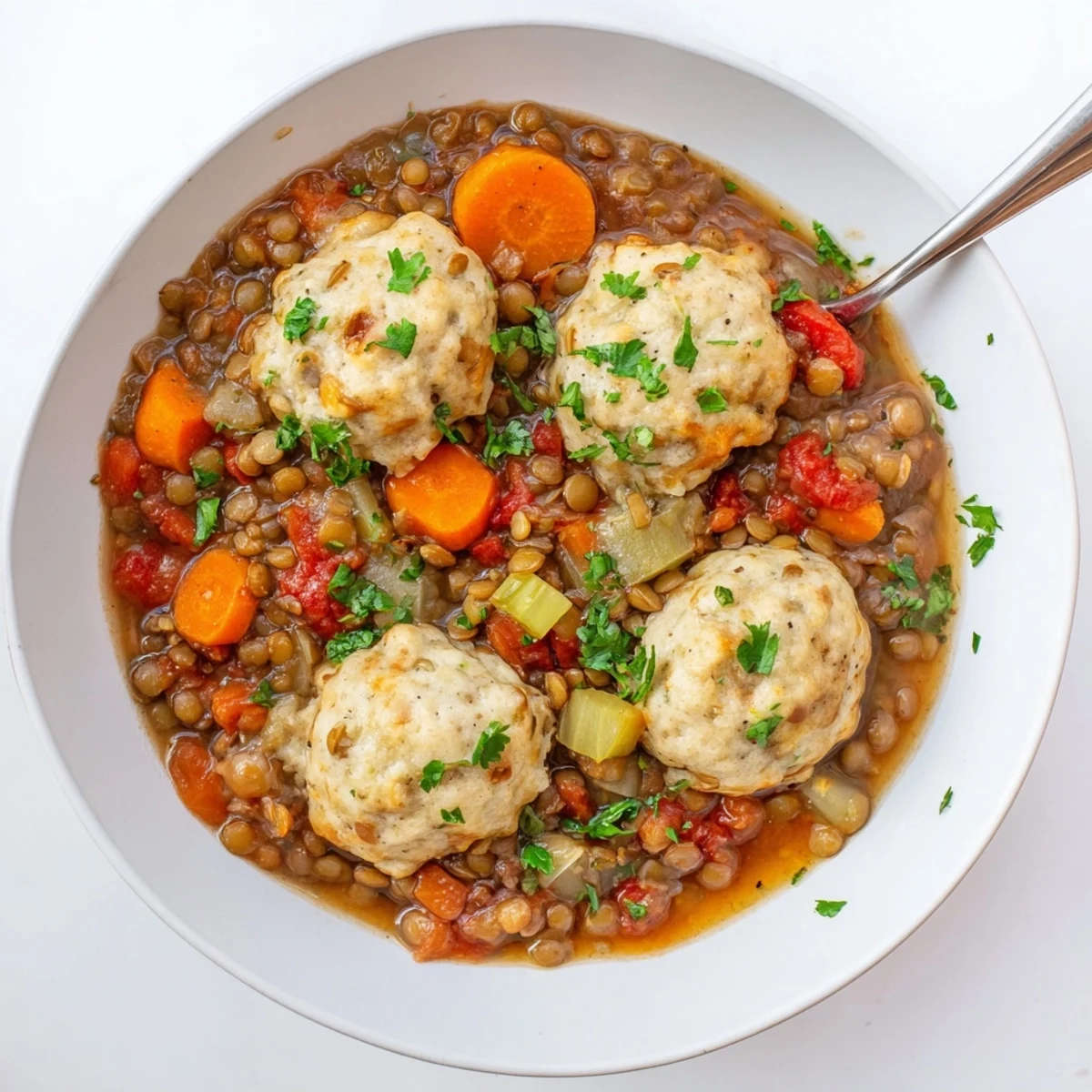 Hearty lentils with dumplings featuring tender carrots and celery under pillowy baked dough toppings