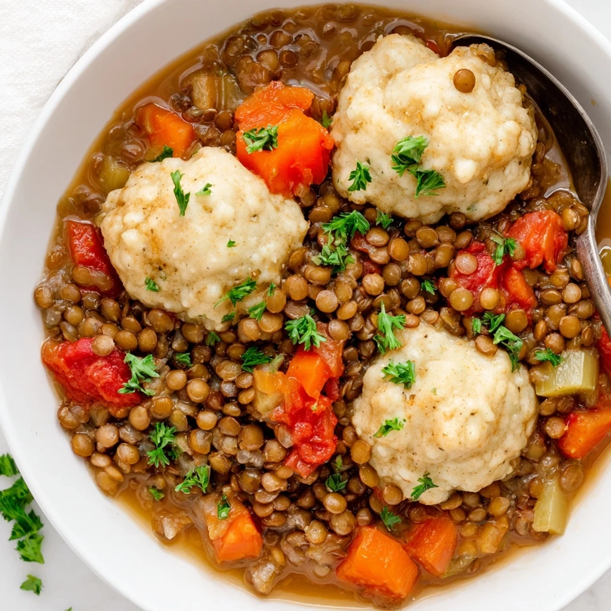 Savory vegetarian lentil stew crowned with golden fluffy dumplings garnished with fresh green parsley