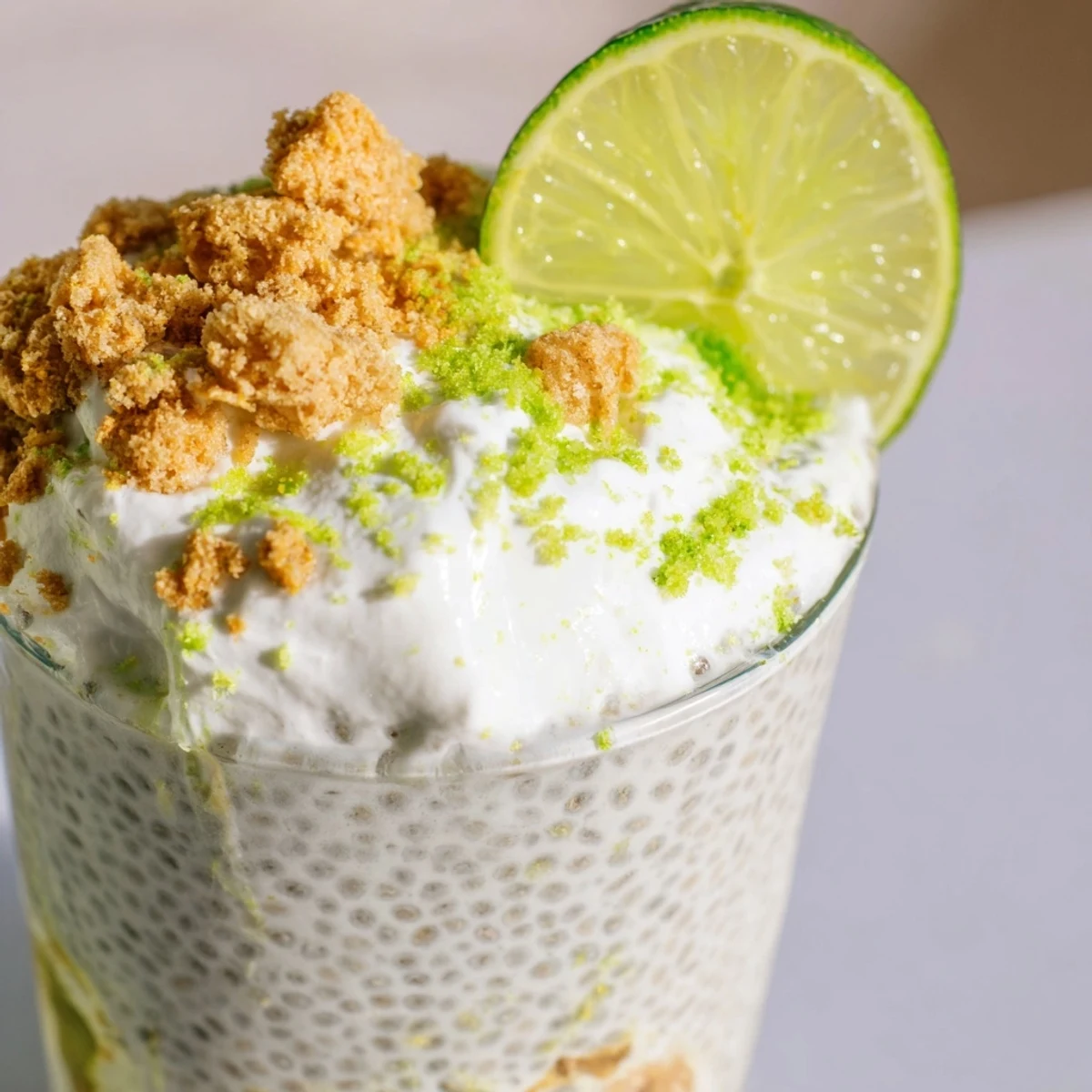 Glass jar displaying layered key lime chia pudding with bright green citrus and coconut milk