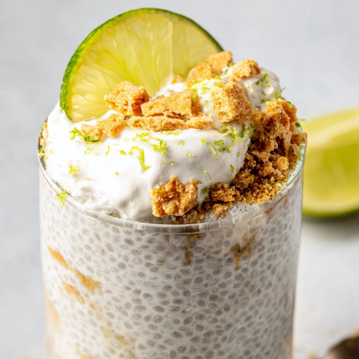 Creamy key lime chia pudding topped with whipped cream fresh lime zest and graham crackers