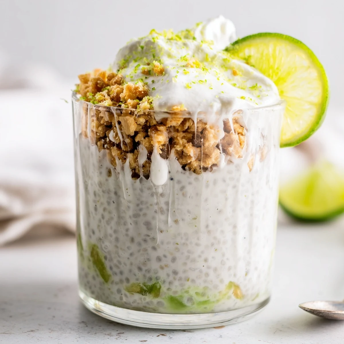 Vegan key lime chia pudding garnished with lime slices on a rustic wooden table setting