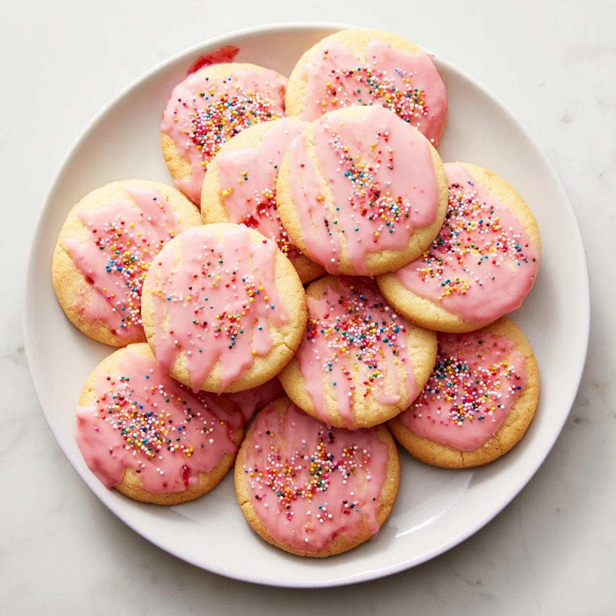 Soft buttery strawberry Pop Tart cookies filled with sweet jam and topped with pink glaze and colorful sprinkles