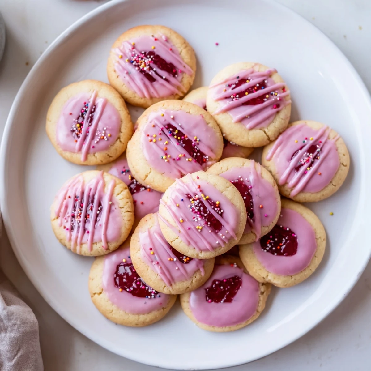 Freshly baked strawberry Pop Tart cookies with oozing jam centers and vanilla glaze on a white serving plate