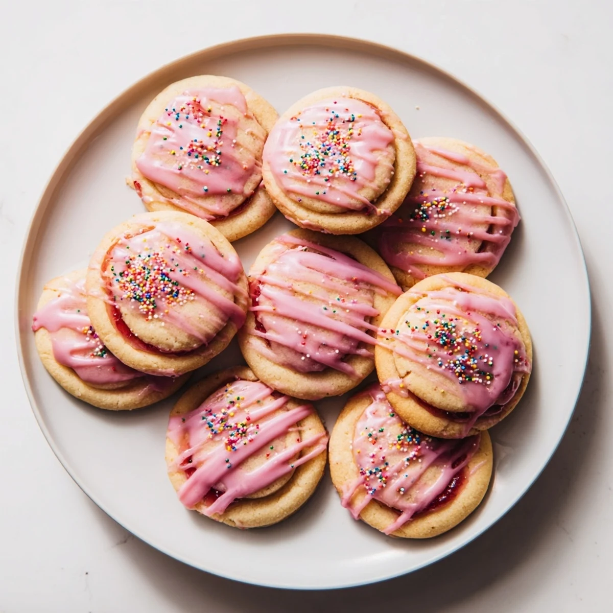 Golden strawberry Pop Tart cookies drizzled with pink icing and rainbow sprinkles on a rustic wooden board