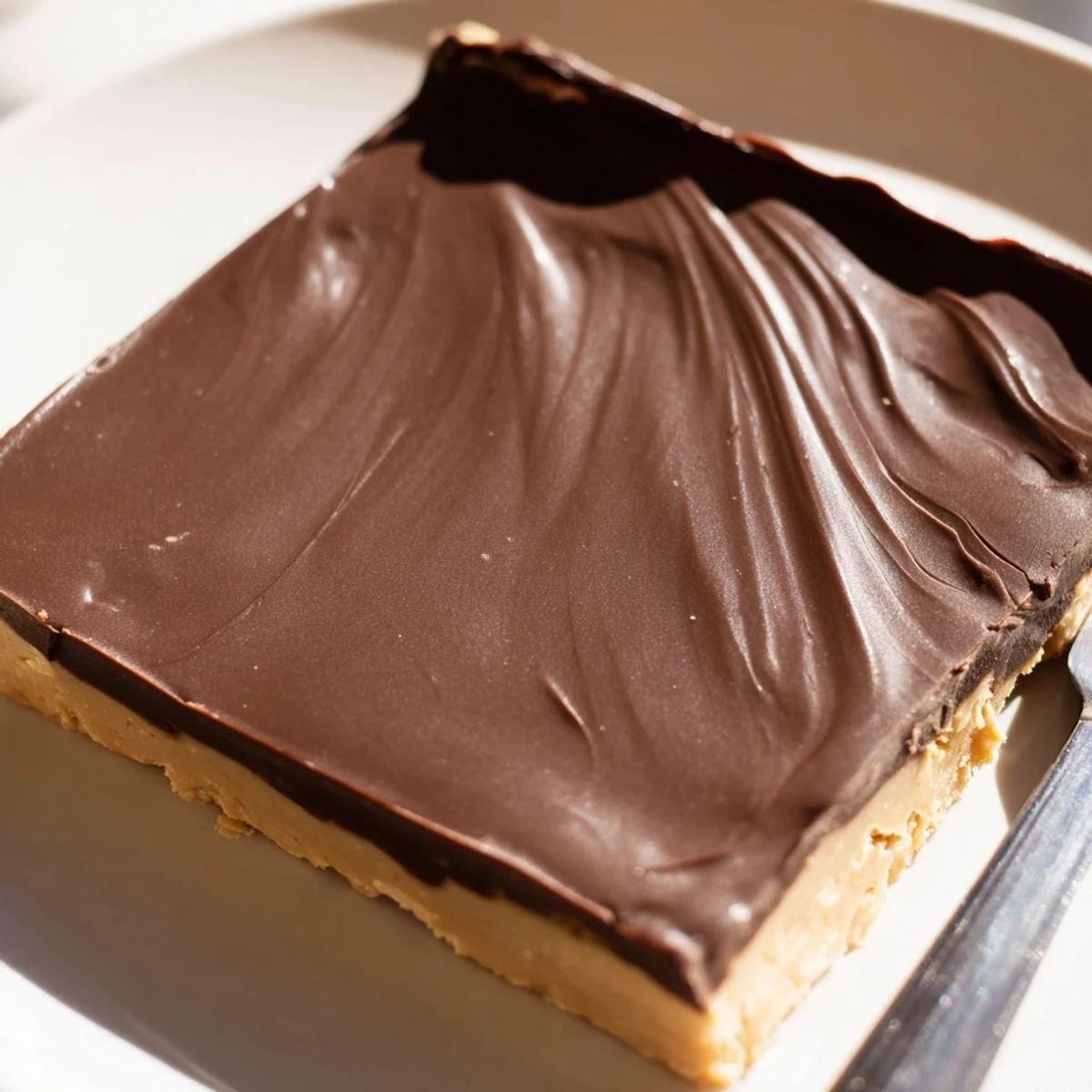 Golden peanut butter bars stacked on a white plate with glossy dark chocolate drizzle