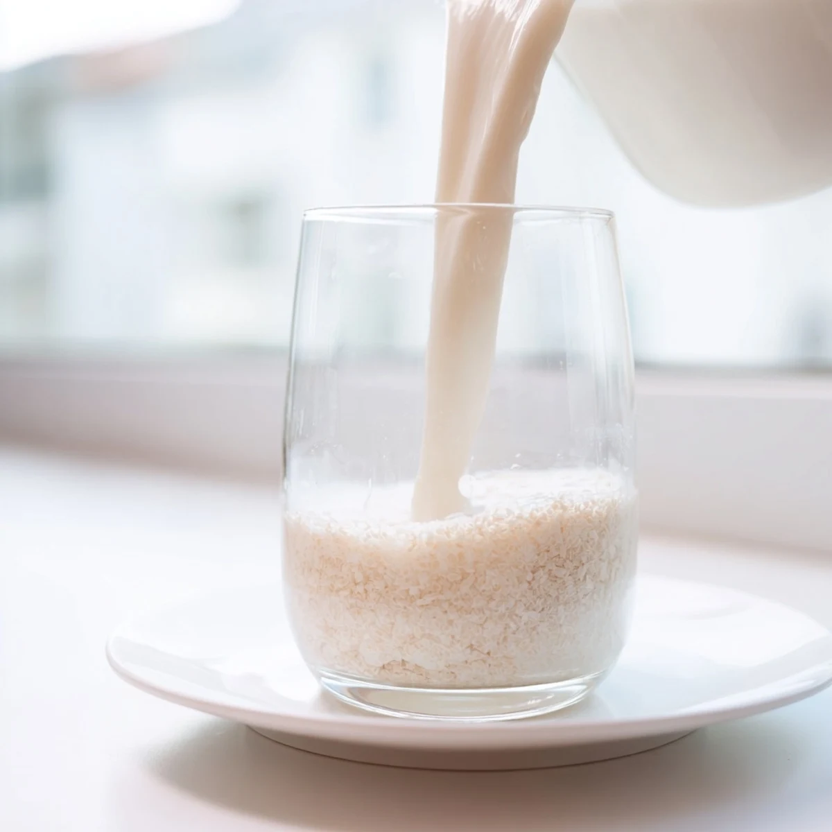 Creamy white homemade almond milk being poured into a clear glass pitcher