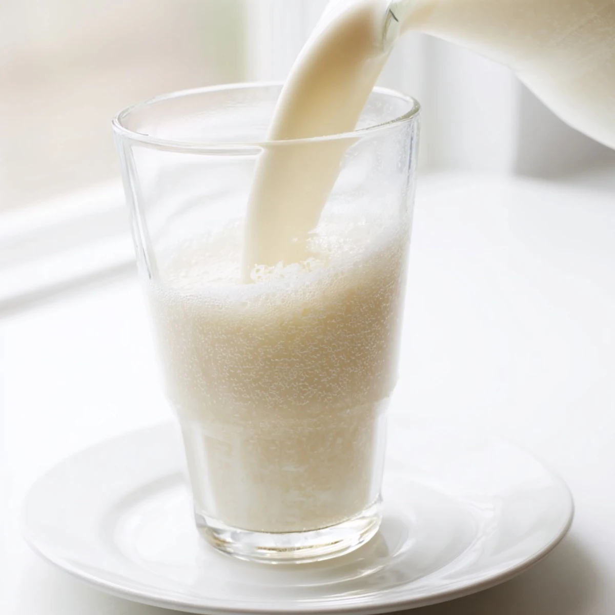 Homemade almond milk in a mason jar with vanilla beans and scattered almonds
