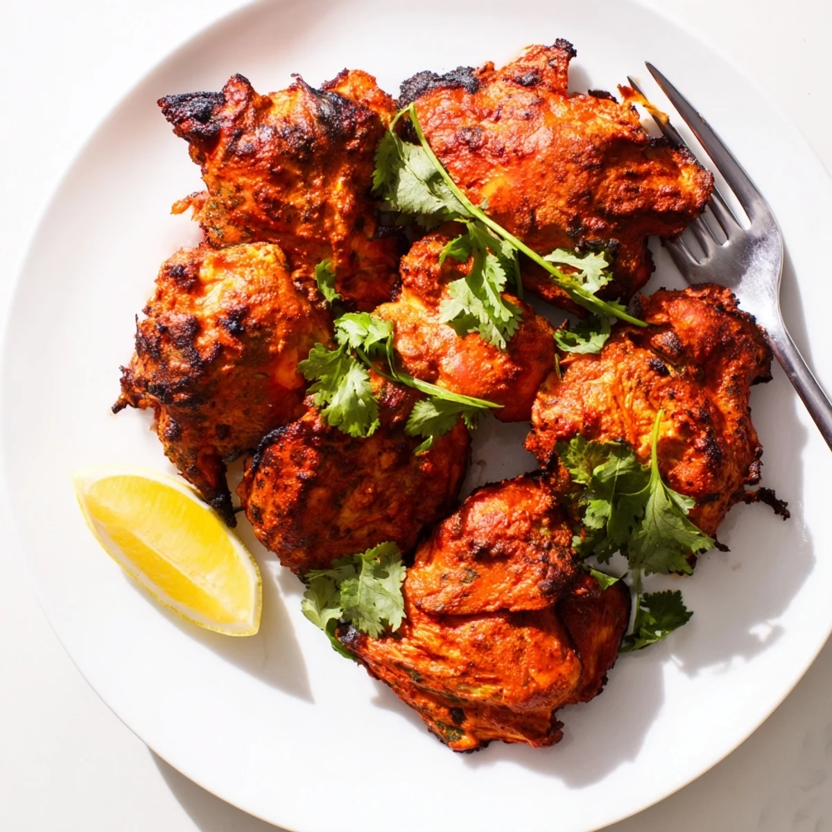 Succulent Tandoori chicken pieces roasted to smoky perfection with vibrant red spiced yogurt marinade glistening