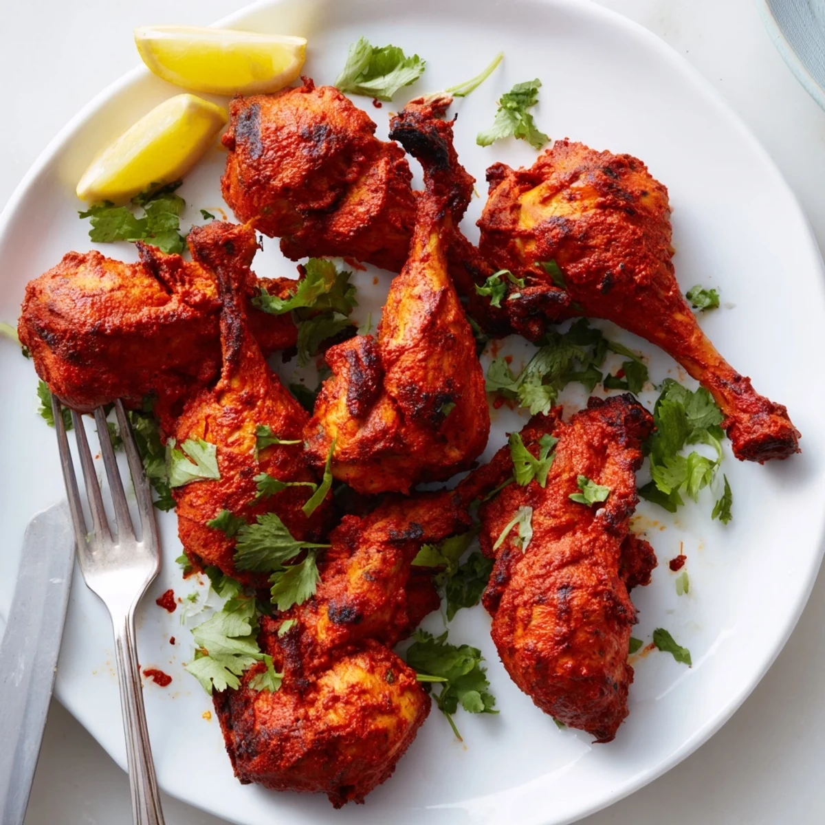 Golden Tandoori chicken arranged on a platter garnished with green cilantro sprigs and bright lemon slices