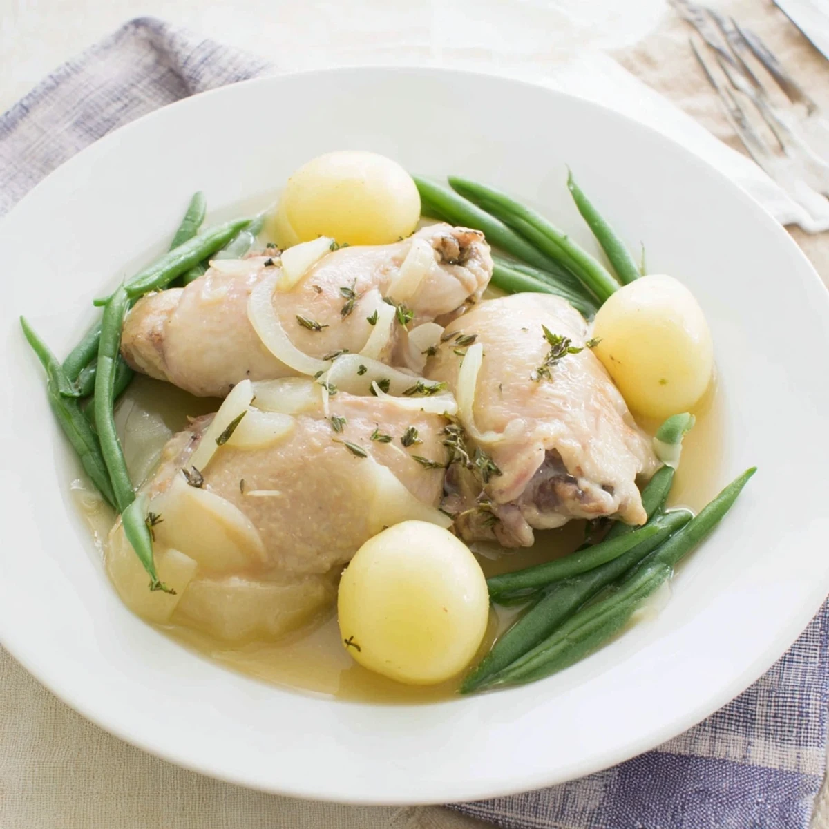 Tender chicken thighs atop creamy baby potatoes and crisp green beans in a comforting one-pot meal