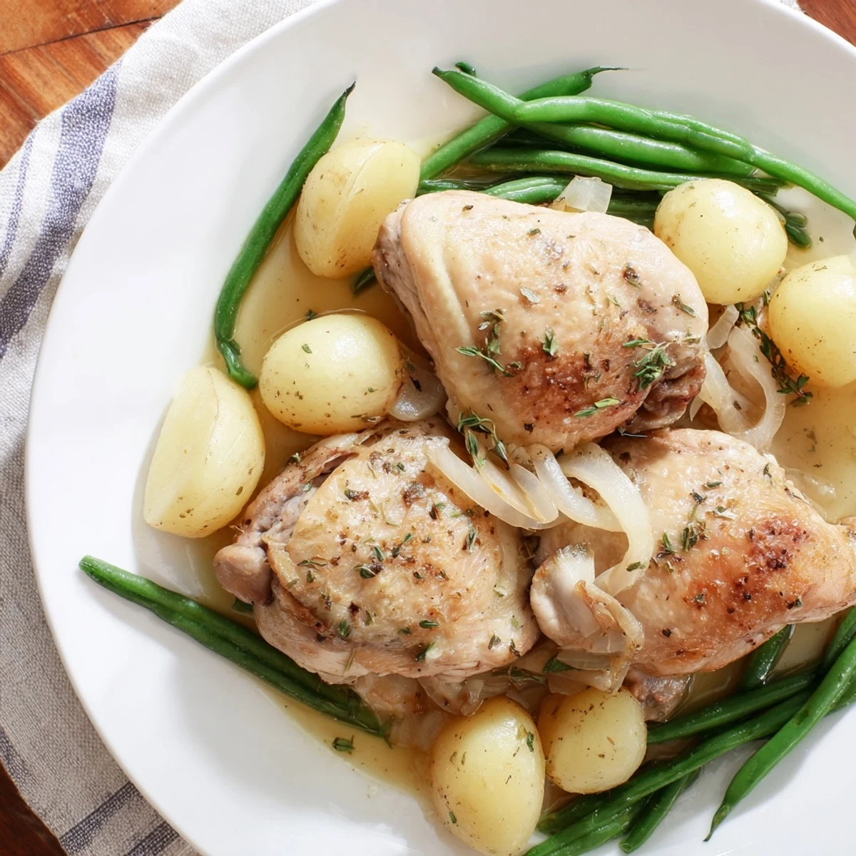 Hearty slow cooker chicken and potatoes with vibrant green beans ready for family dinner serving
