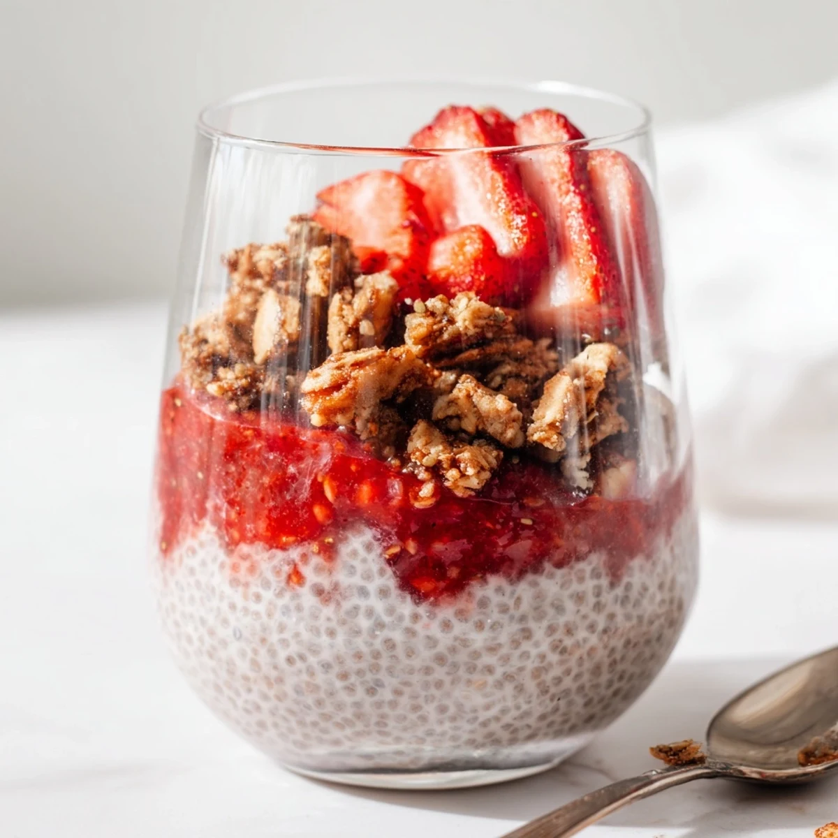 Layered strawberry crumble chia pudding with creamy vanilla base and sweet red compote in clear glass jar