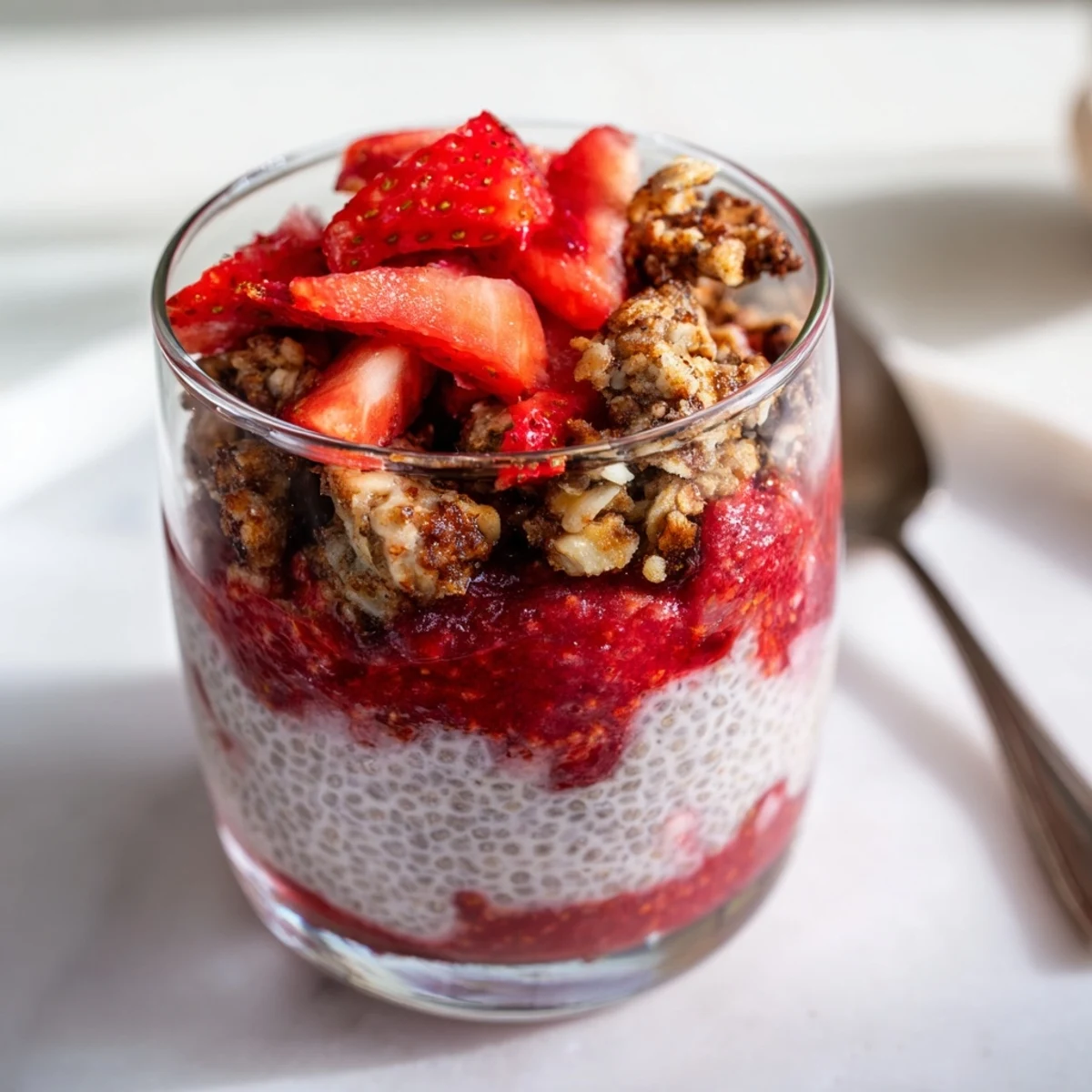 Golden oat crumble topping sprinkled over strawberry chia pudding layered parfait with fresh sliced berry garnish