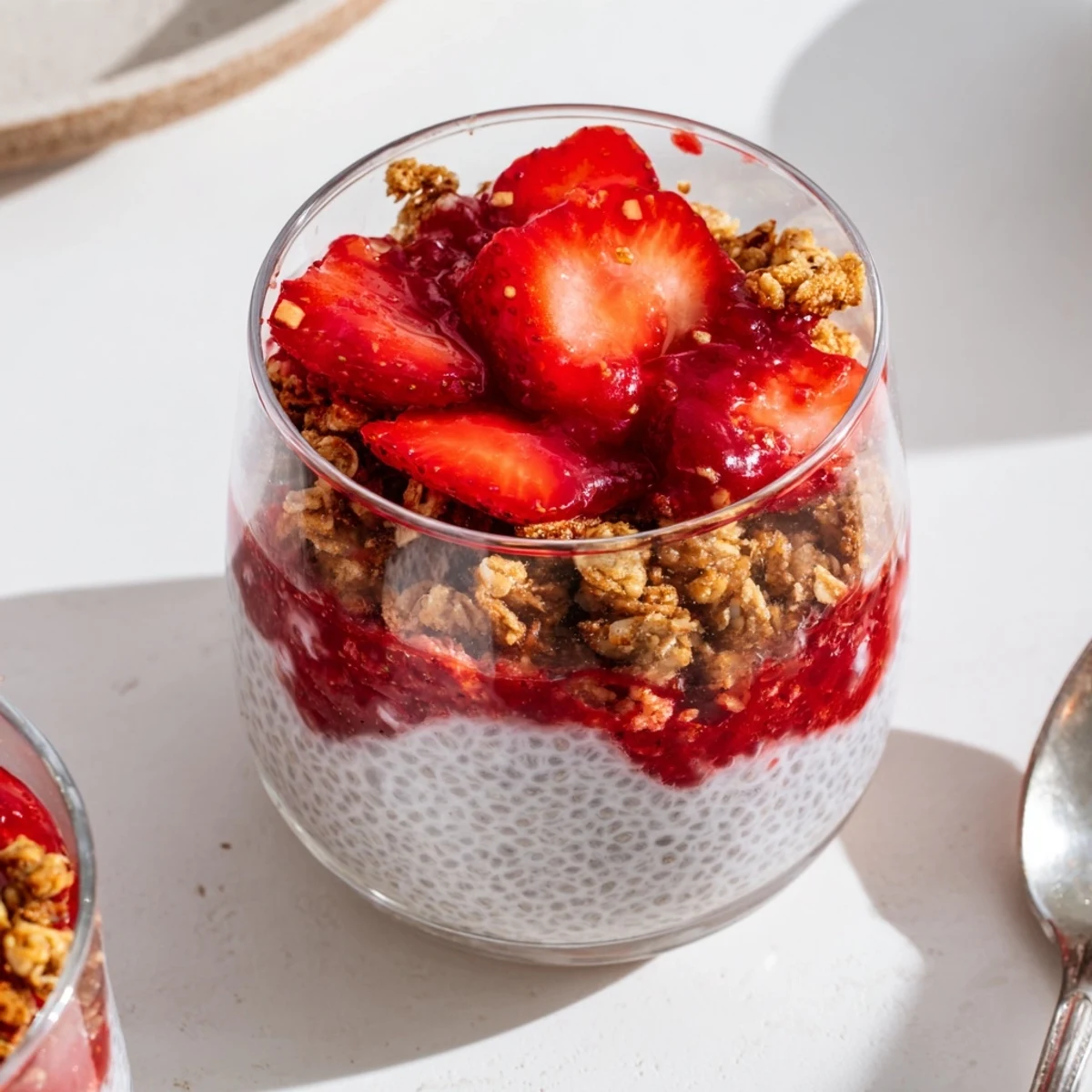 Creamy chia pudding parfait alternating with vibrant strawberry compote and crunchy cinnamon oat crumble layers