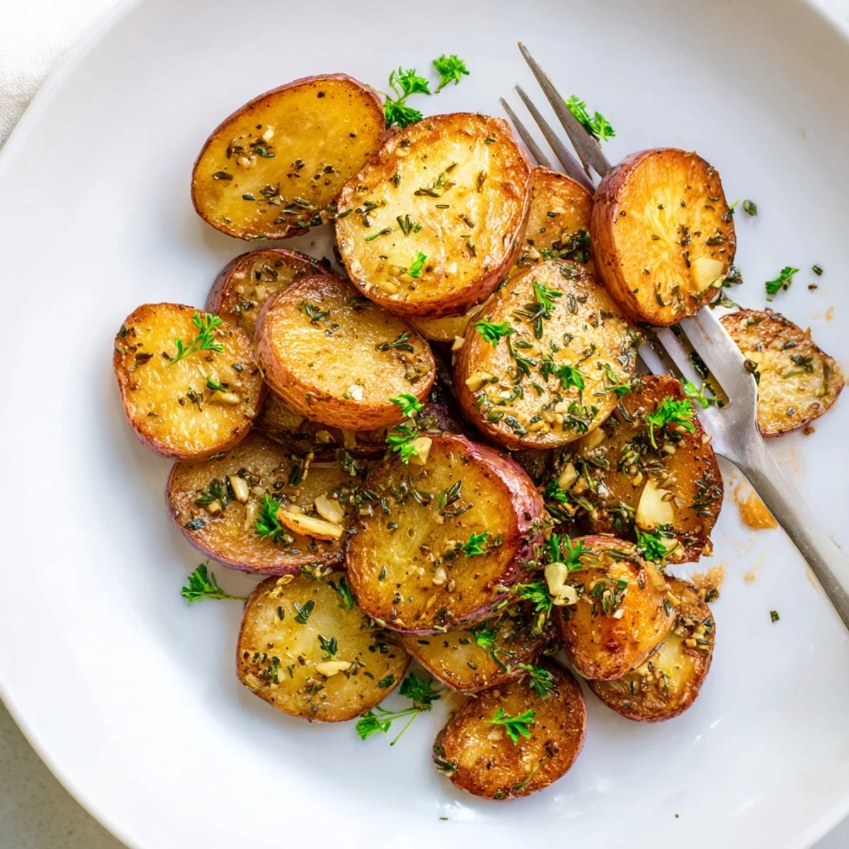 Golden brown garlic roasted radishes arranged on a white serving plate with fresh parsley garnish