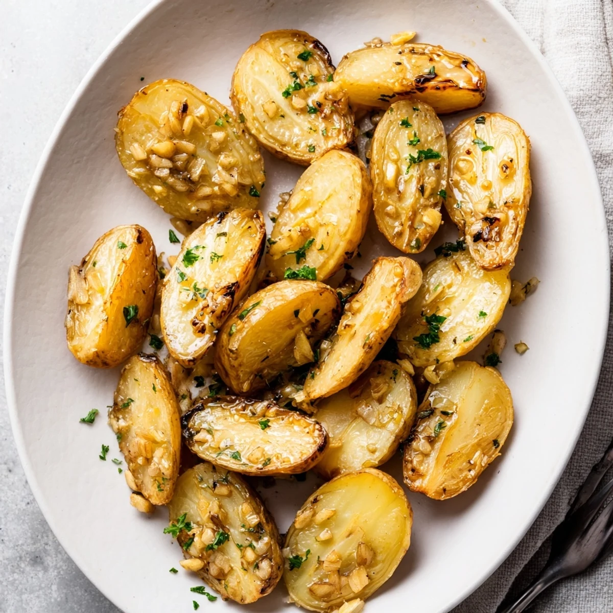 Tender halved radishes roasted until caramelized with garlic and herbs on a rustic baking sheet