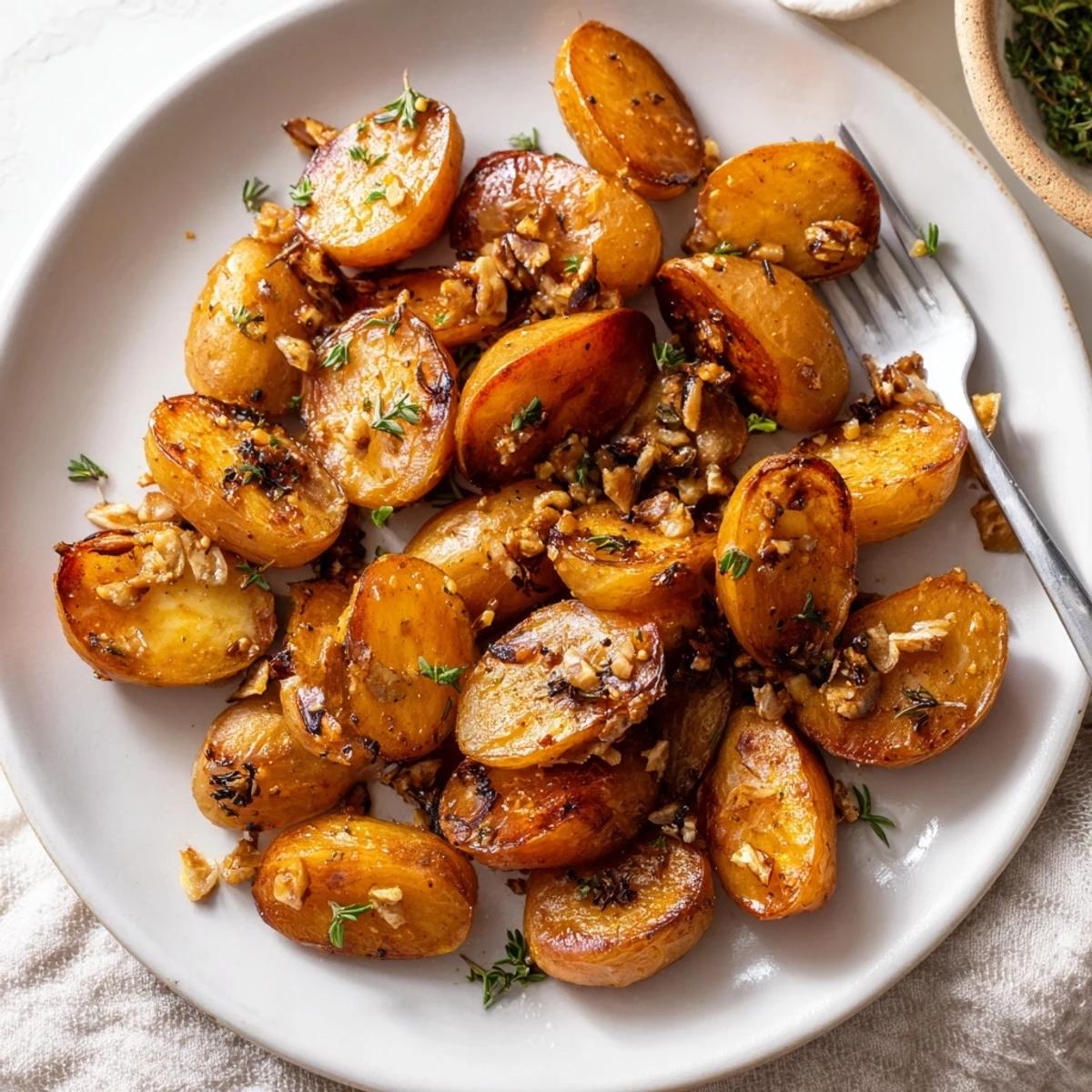 Savory garlic roasted radishes side dish displaying golden edges and fresh green parsley sprinkles on top