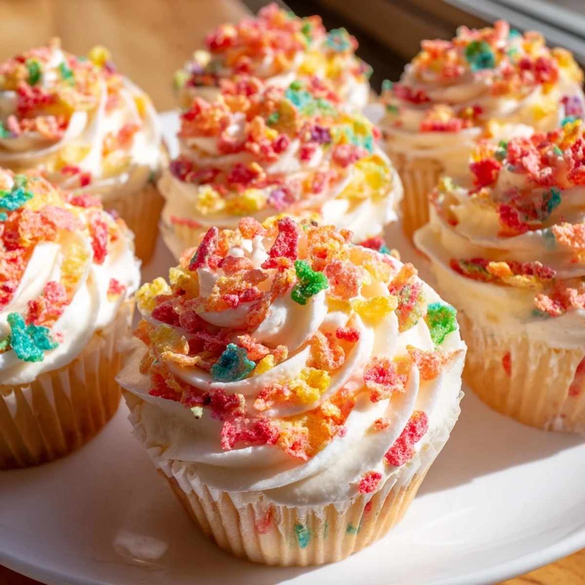 Fluffy buttercream frosting swirled with fruity cereal crunch atop freshly baked vanilla cupcakes