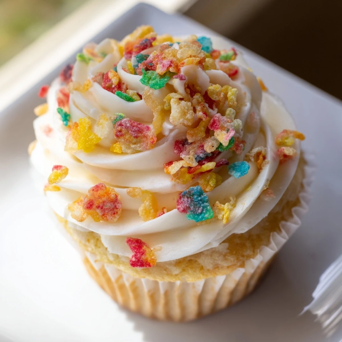 Rainbow-speckled Fruity Pebbles frosting spread generously on layer cake with extra crispy topping
