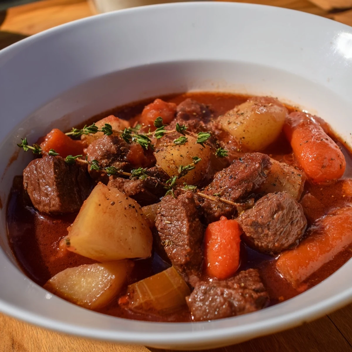 Rustic Italian beef stew spezzatino simmering in a rich red wine sauce with tender vegetables