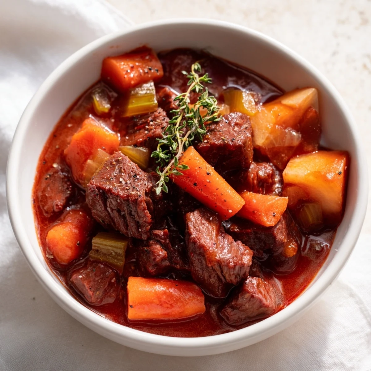 Hearty bowl of spezzatino di manzo featuring chunks of beef and potatoes in thickened gravy