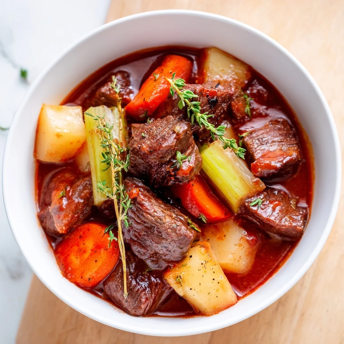 Slow-braised Italian beef stew spezzatino garnished with fresh herbs and served in a deep bowl