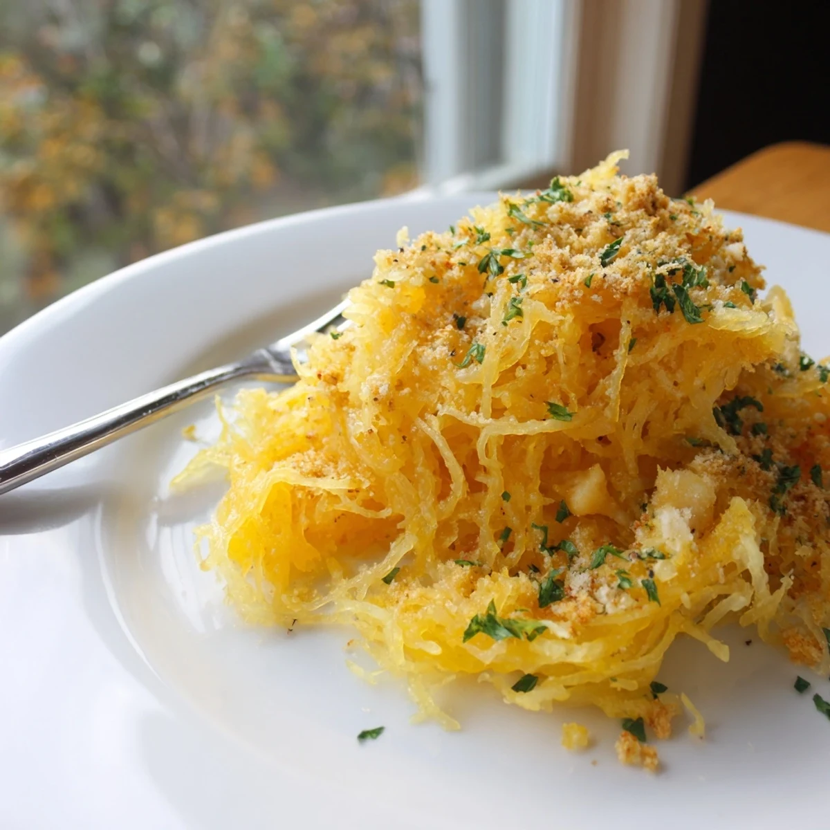 Golden bowl of spaghetti squash mac and cheese topped with crispy buttered breadcrumbs and fresh chives