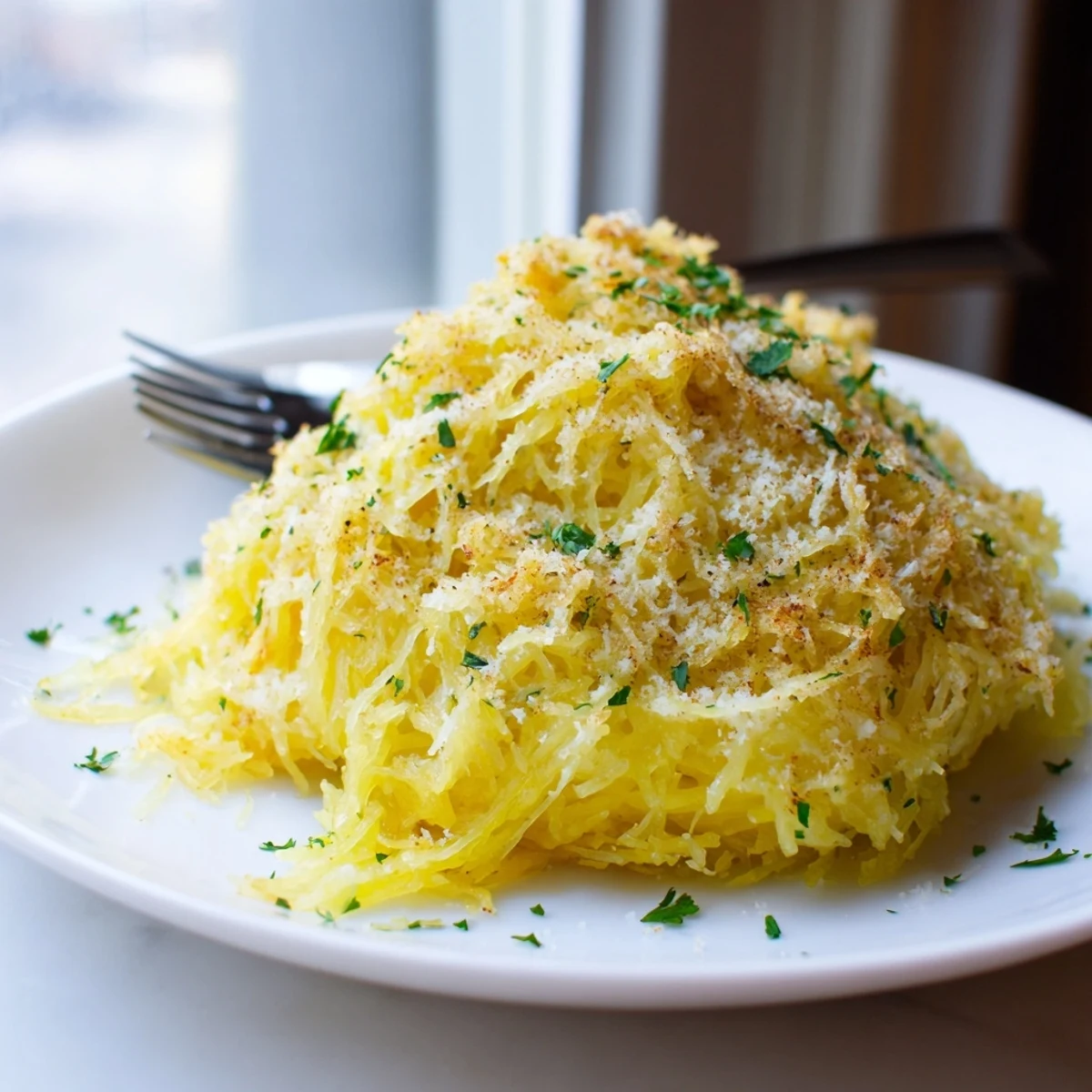 Low-carb spaghetti squash mac and cheese casserole bubbling with melted sharp cheddar and savory breadcrumb topping