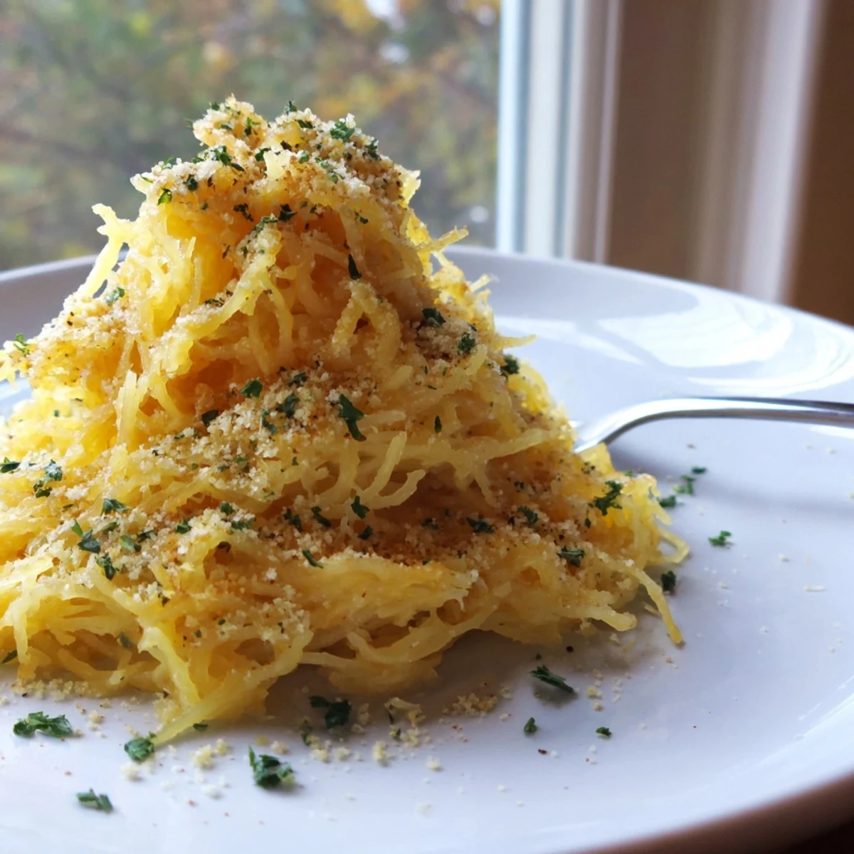 Creamy roasted spaghetti squash strands coated in rich cheddar Gruyère cheese sauce with a golden brown crust