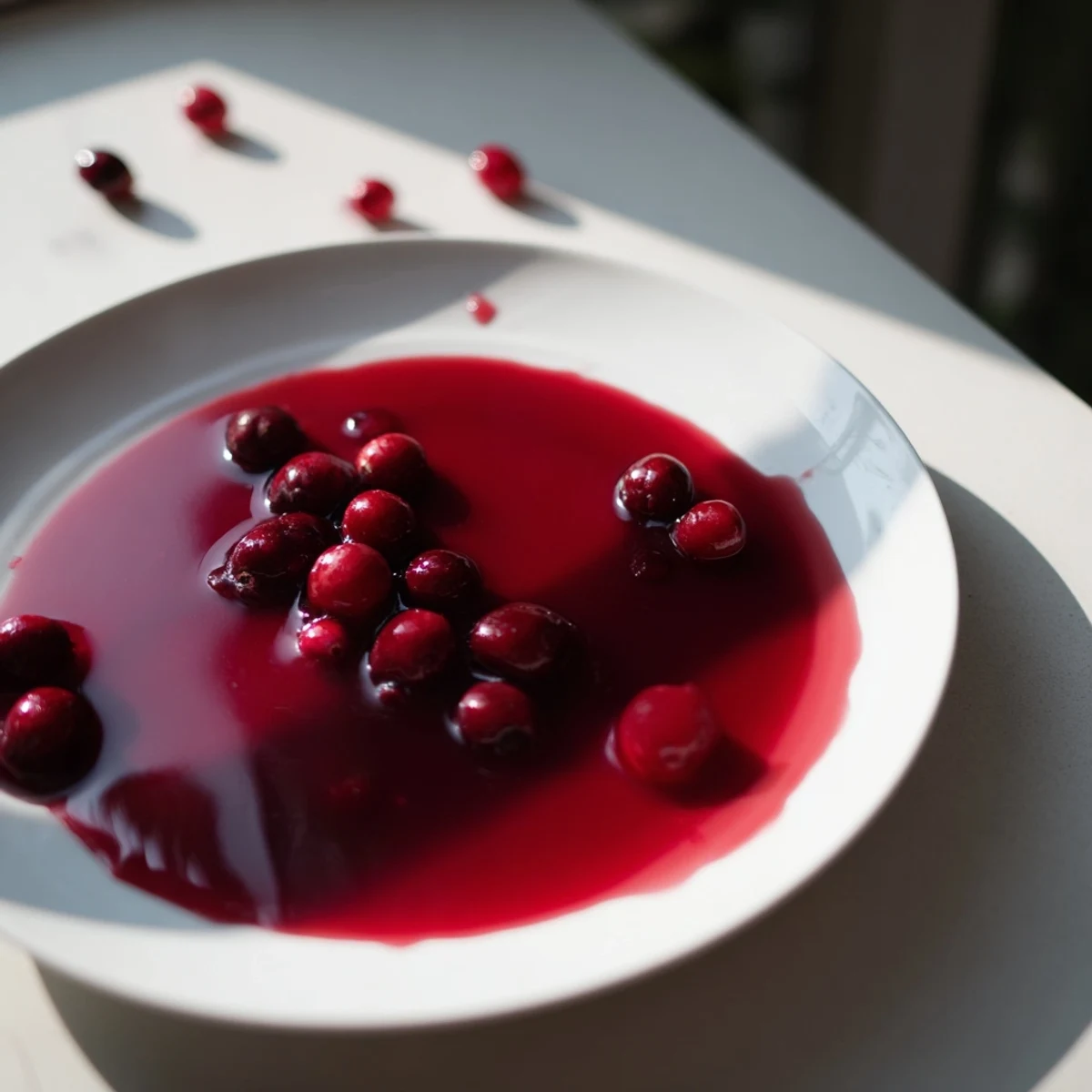 Homemade cranberry syrup drizzled over fluffy pancakes with fresh cranberry garnish