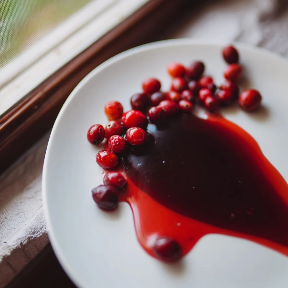 Vibrant red cranberry syrup poured into glass jar showcasing rich color and consistency