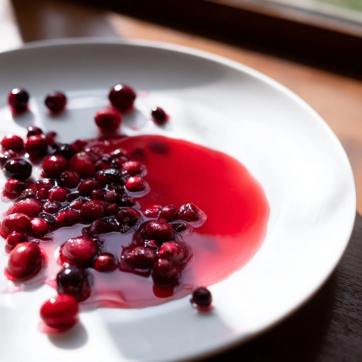 Tangy cranberry syrup cocktail mixer in clear glass with floating whole berries