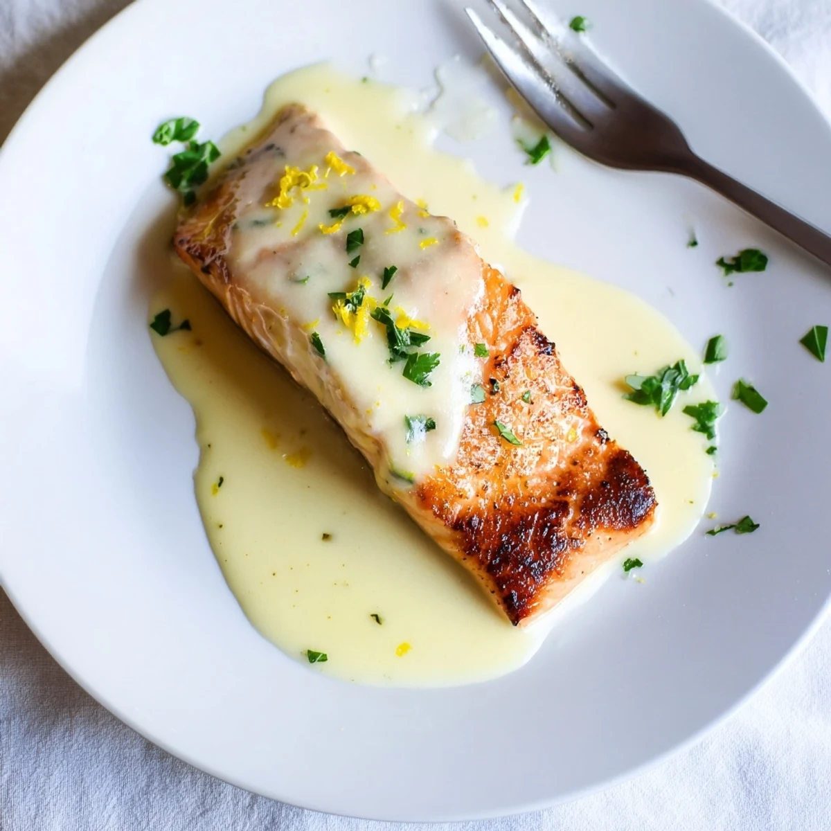 Golden pan-seared salmon fillet drizzled with creamy lemon garlic sauce and fresh parsley