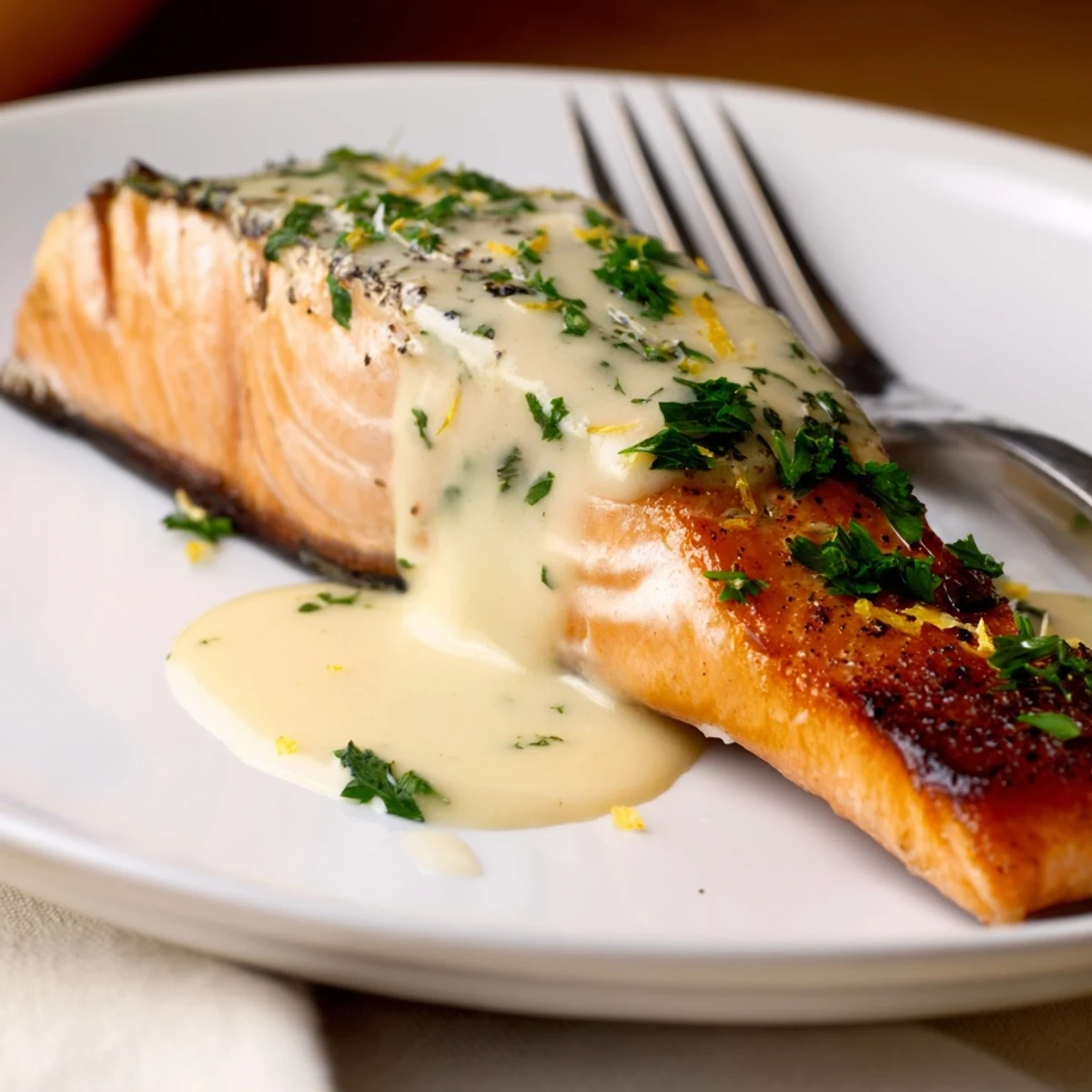Crispy salmon with lemon cream sauce served on white plate with herb garnish