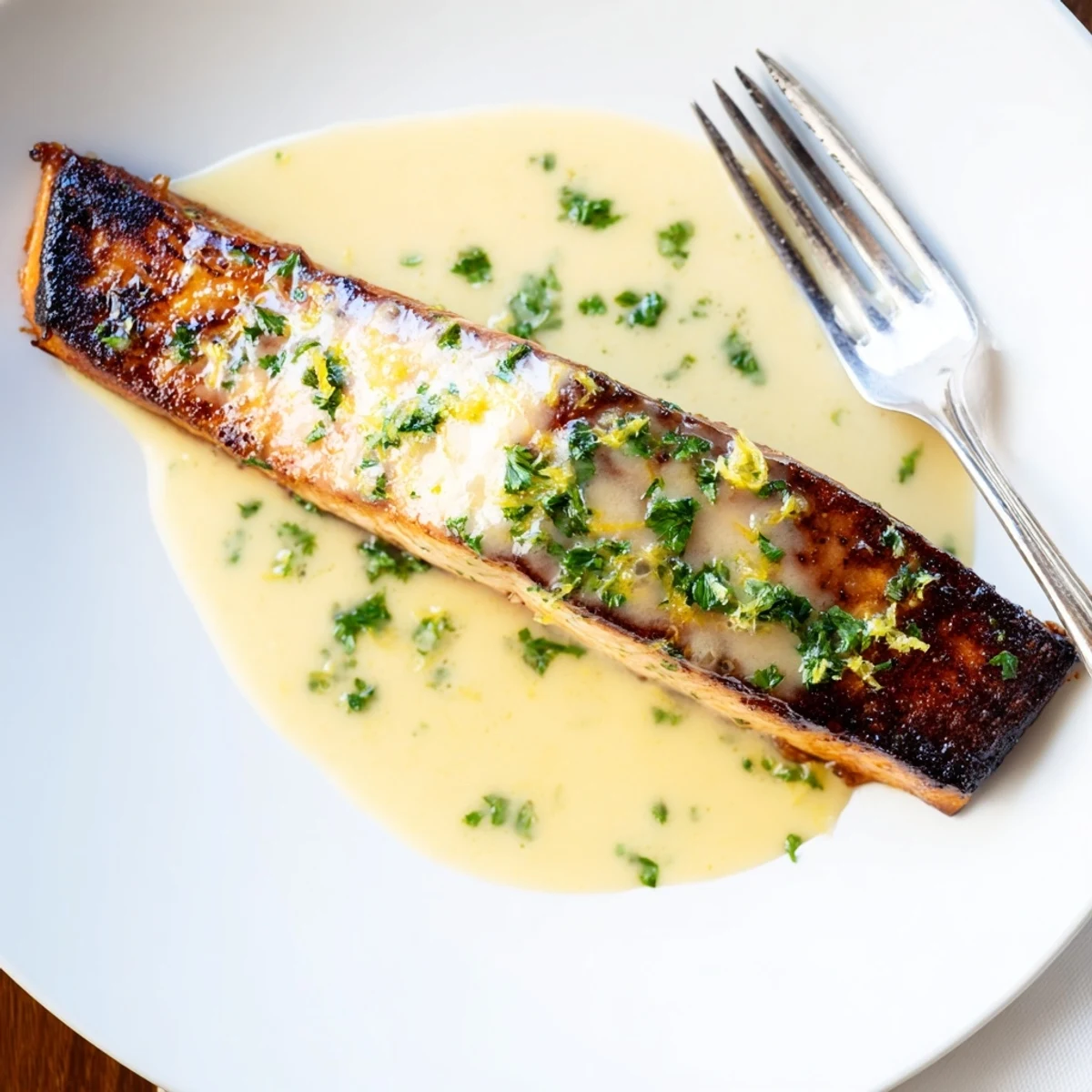 Succulent salmon fillet topped with zesty lemon cream sauce and chopped green parsley