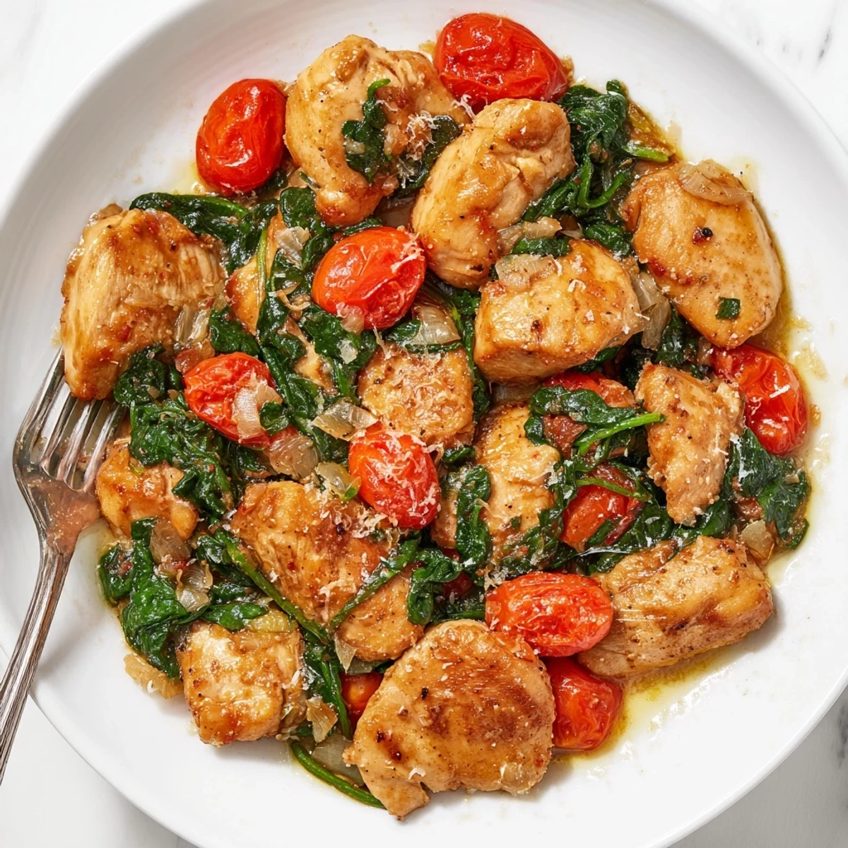 Golden pan-seared chicken breasts nestled in a vibrant sauce of cherry tomatoes and wilted fresh spinach