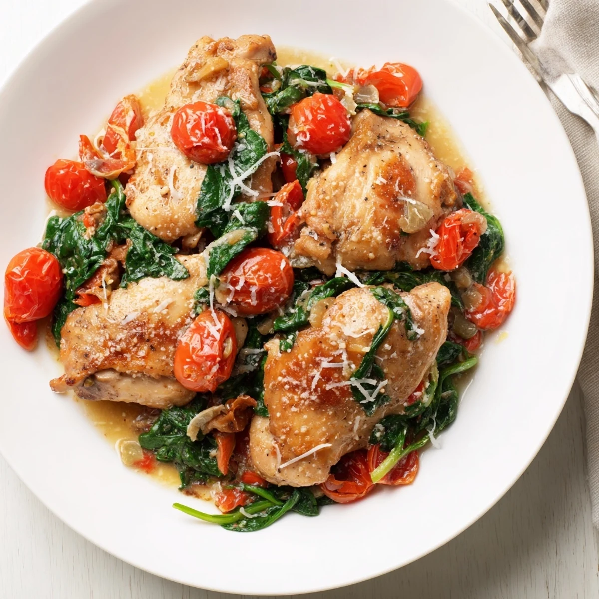 Easy one-pan chicken dish featuring tender meat simmered with garlic, onions, and colorful vegetables in broth