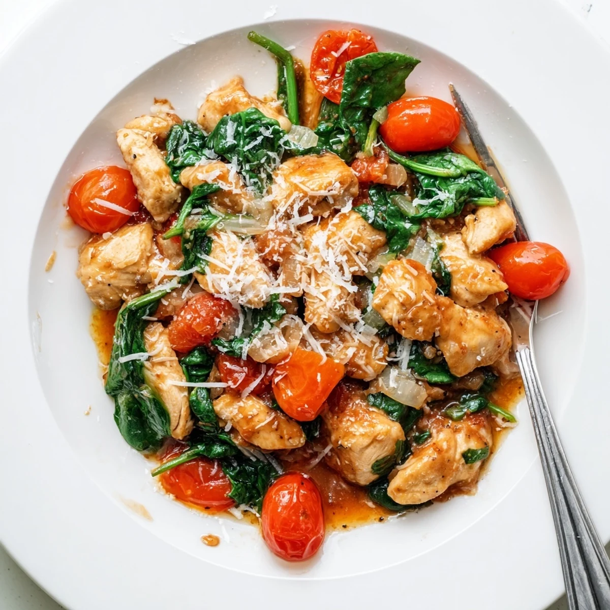 Juicy tomato spinach chicken skillet topped with grated Parmesan and served over steaming white rice