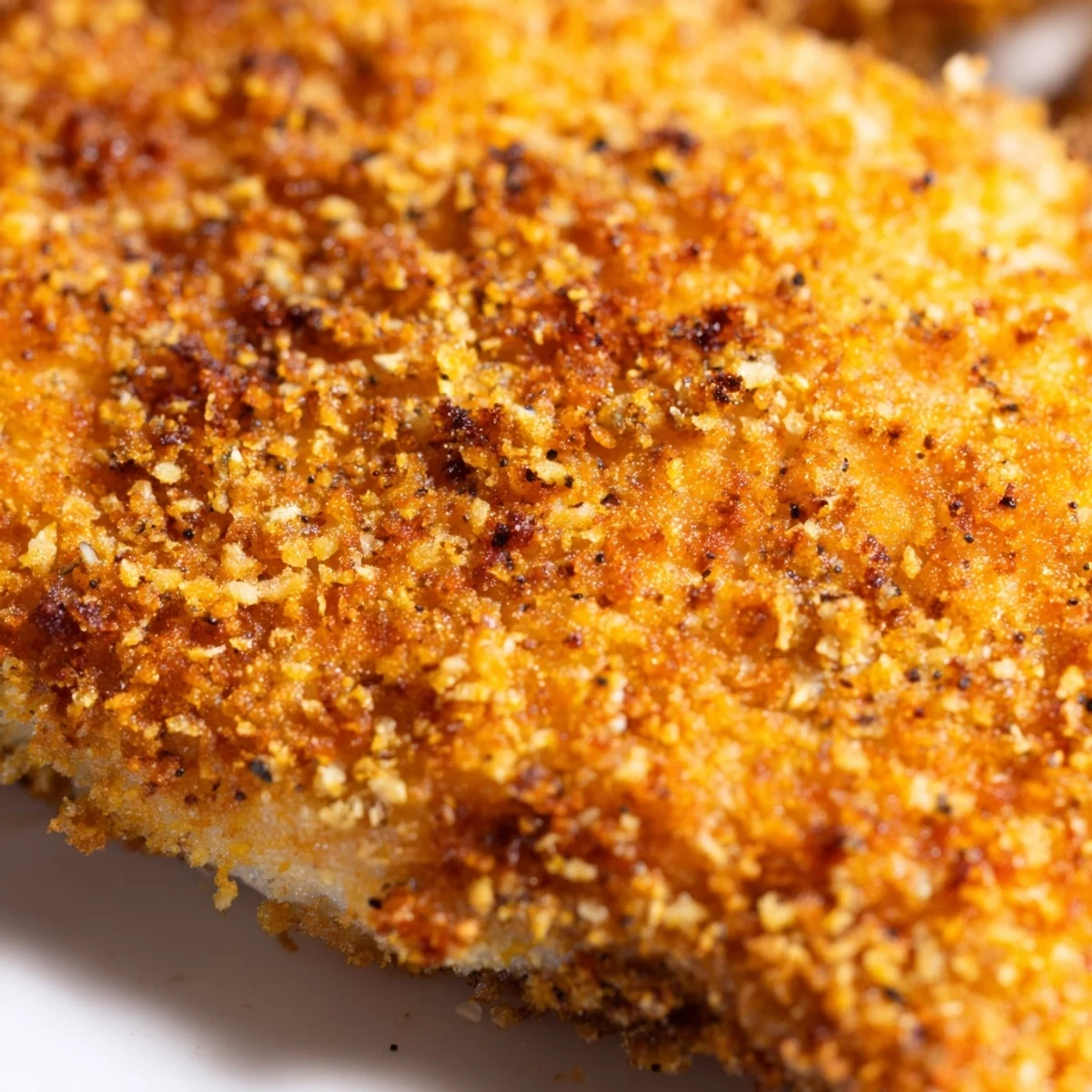 Golden brown fried chicken breast with crispy coating on white plate