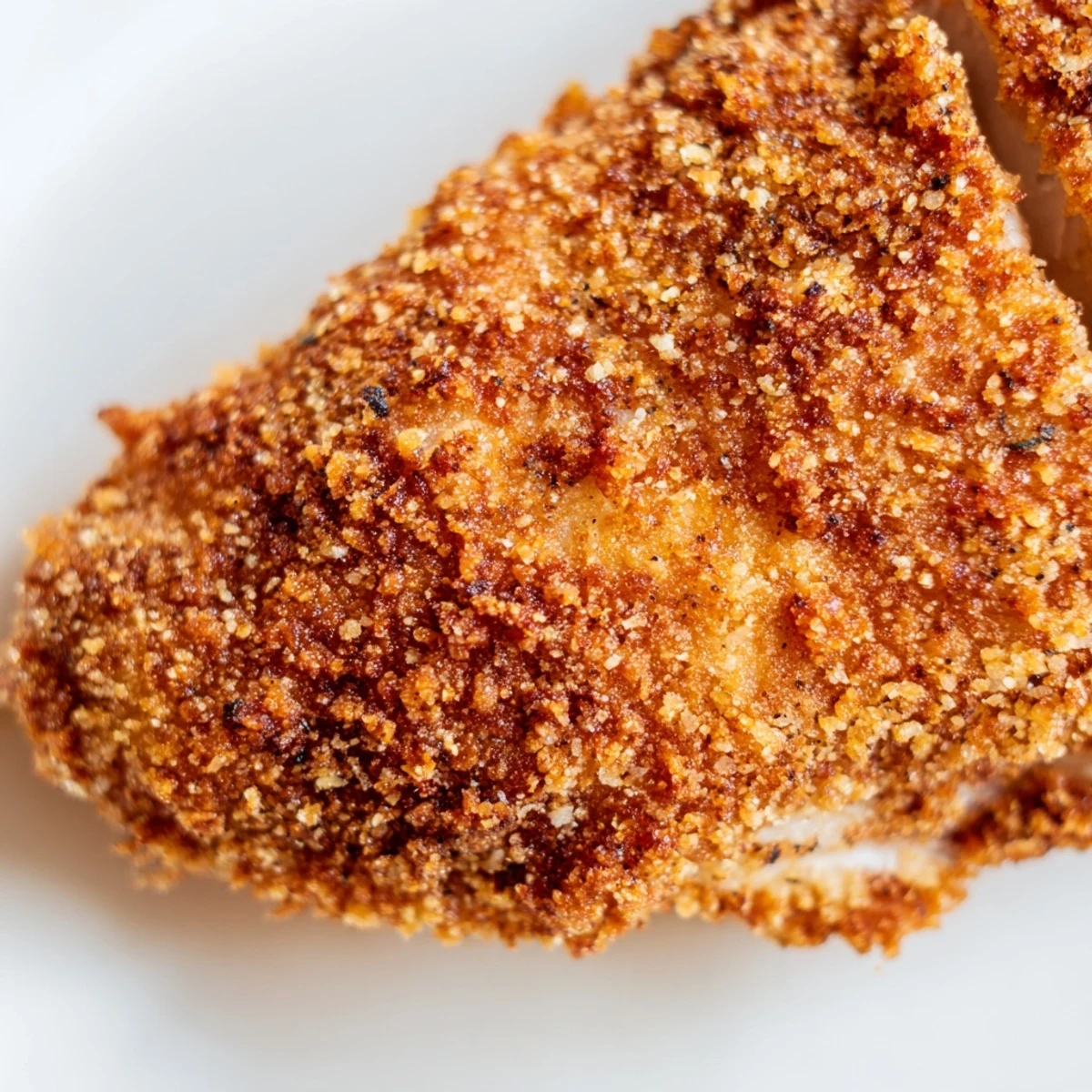 Juicy fried chicken breast sliced open showing tender meat and crunchy exterior