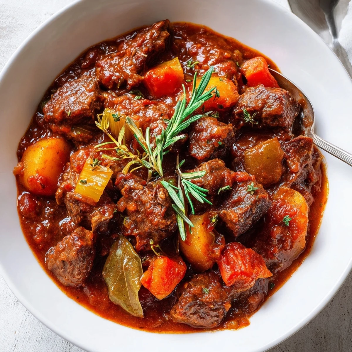 Spezzatino Di Manzo Italian Beef Stew steaming in a rustic pot, herbs.