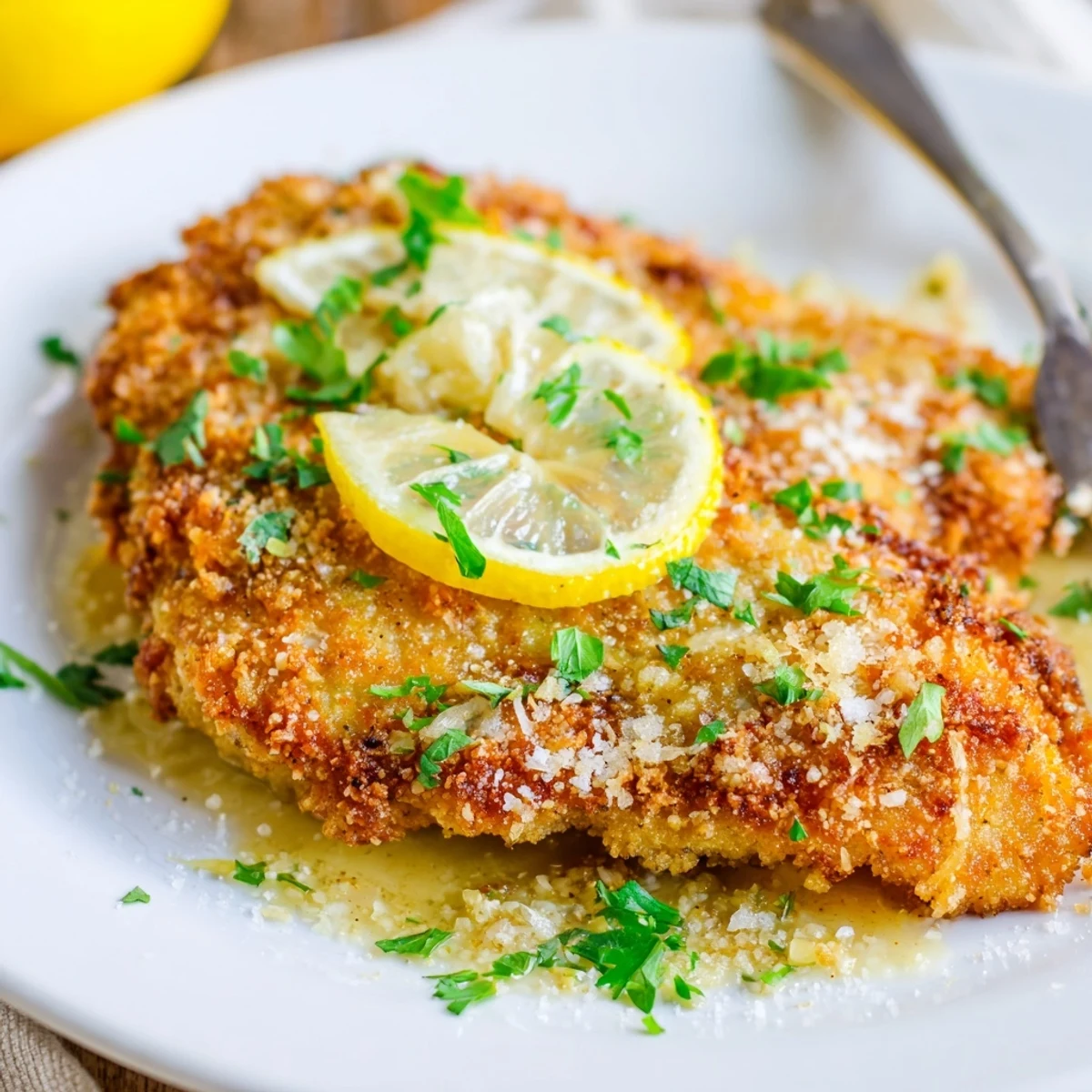 Lemon Chicken Romano served atop angel hair pasta with bright lemon sauce